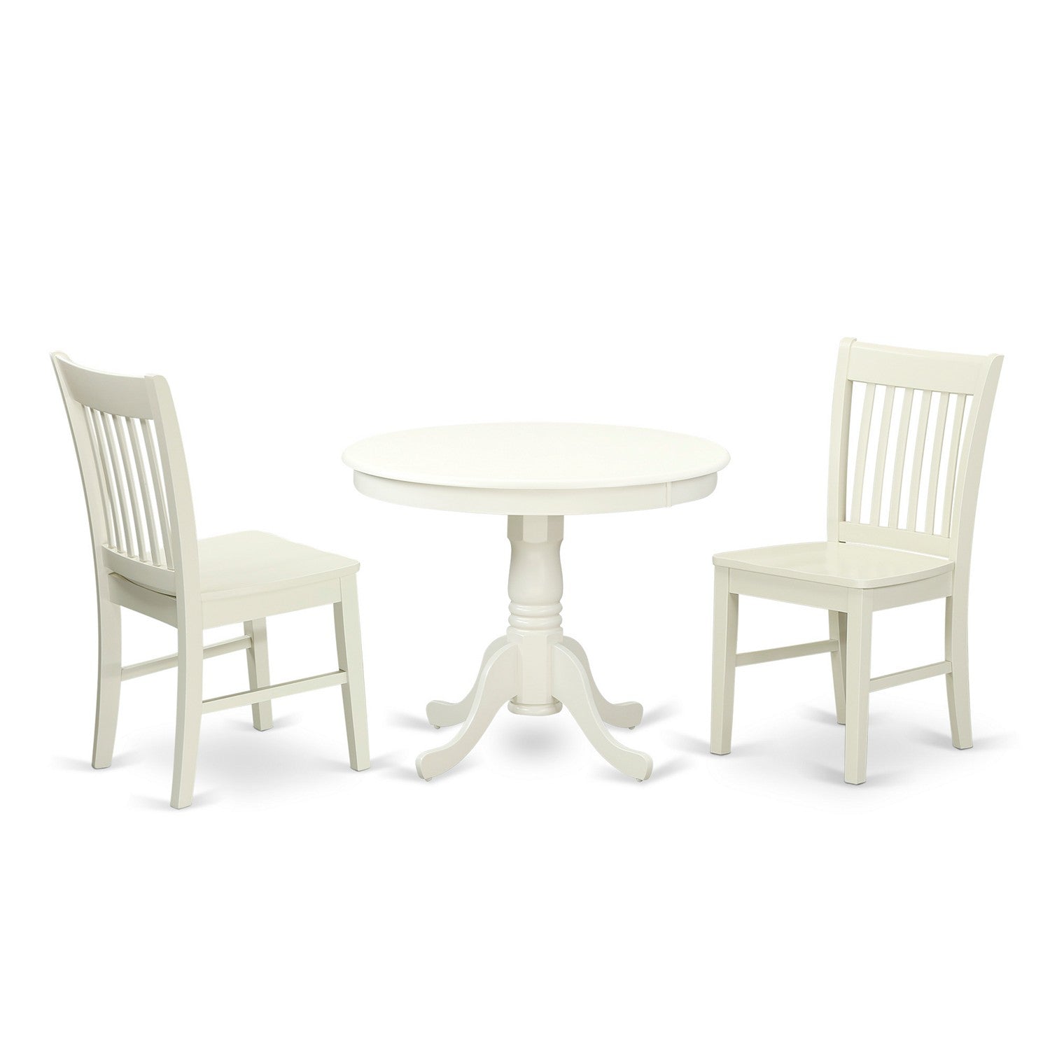 Juego de muebles de comedor de 3 piezas East West Furniture ANNO3-LWH-W. Contiene una mesa de comedor redonda con pedestal y 2 sillas con asiento de madera.