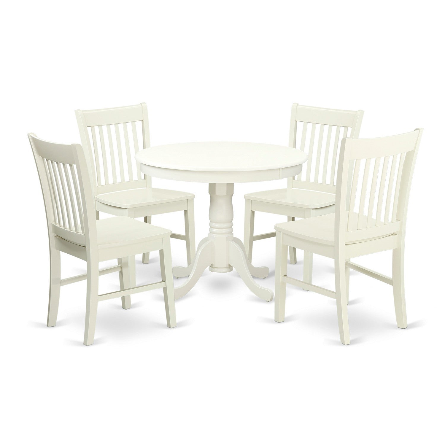 Juego de comedor de 5 piezas East West Furniture ANNO5-LWH-W para 4 personas. Incluye una mesa de cocina redonda con pedestal y 4 sillas de comedor.