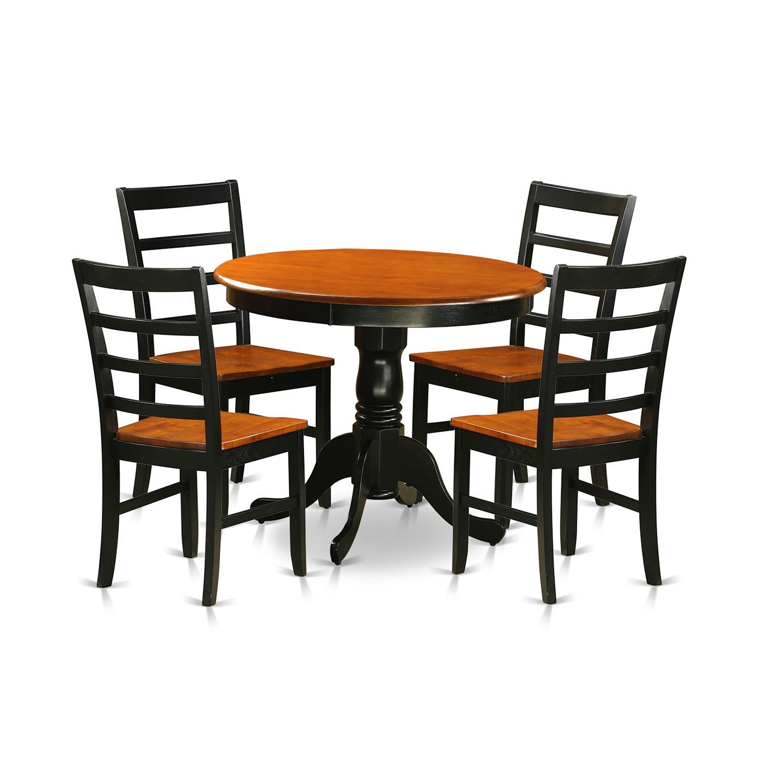 Juego de mesa de comedor de 5 piezas East West Furniture ANPF5-BLK-W. Incluye una mesa de cocina redonda con pedestal y 4 sillas de comedor.