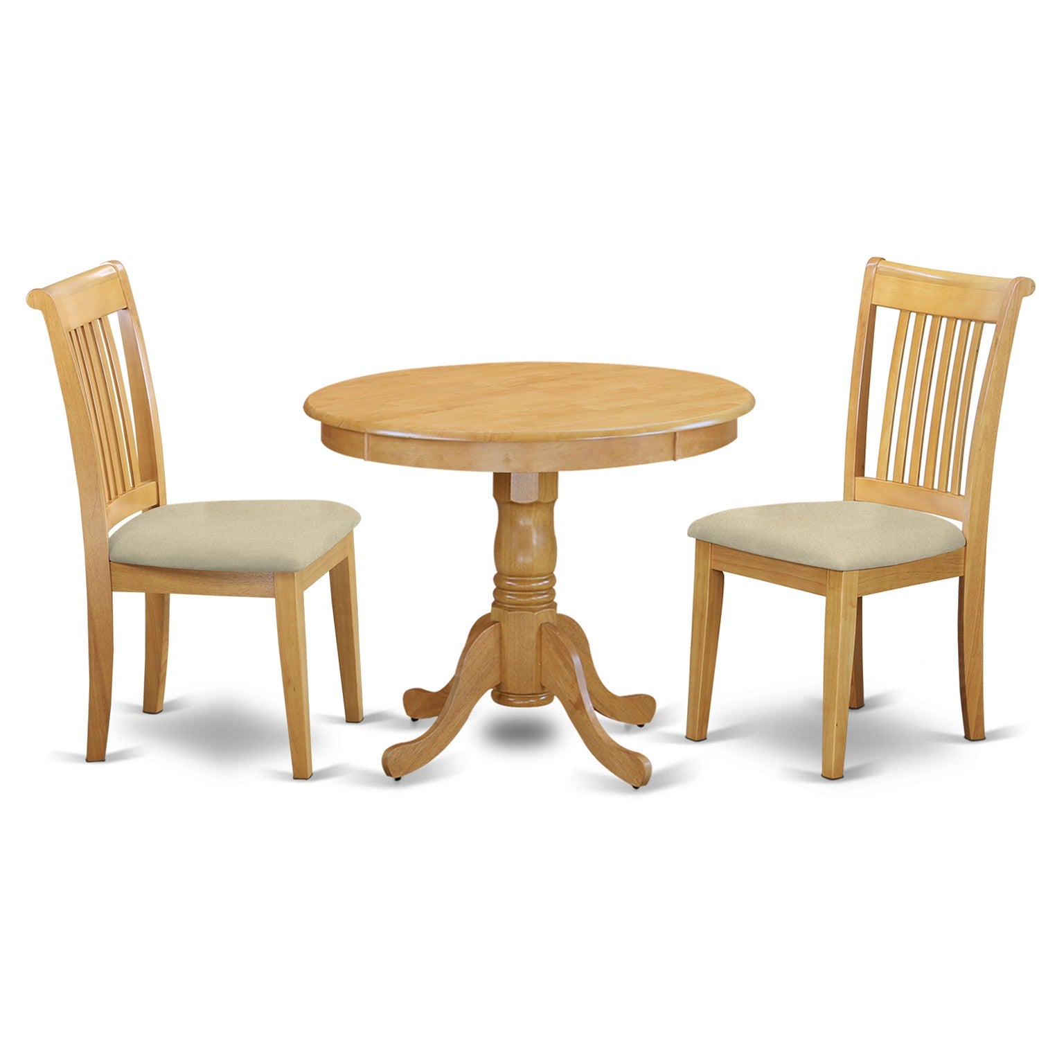 Juego de mesa y sillas de cocina de 3 piezas East West Furniture ANPO3-OAK-C. Incluye una mesa de comedor redonda con pedestal y 2 sillas tapizadas en tela de lino.