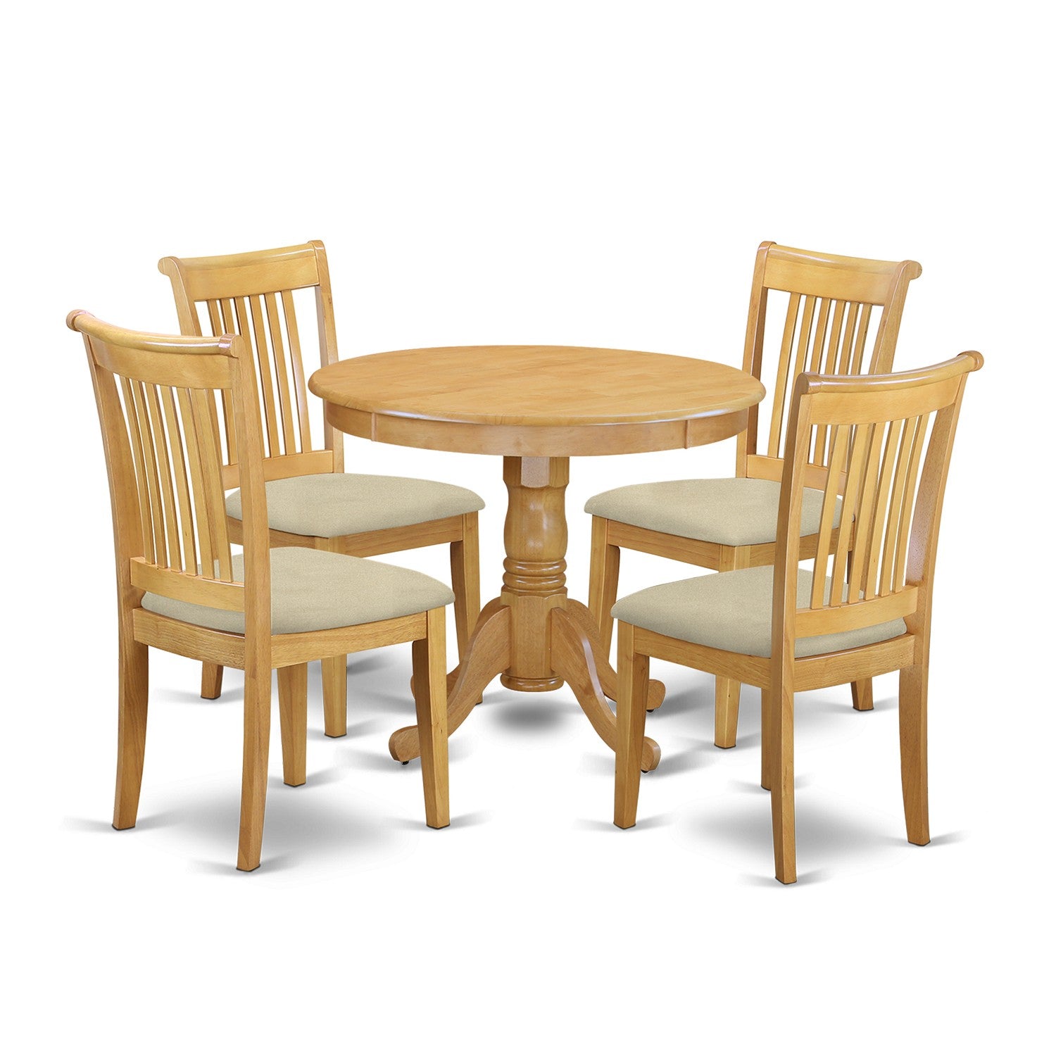 Juego de mesa de comedor moderna de 5 piezas East West Furniture ANPO5-OAK-C. Incluye una mesa de cocina redonda con pedestal y 4 sillas de comedor de tela de lino.