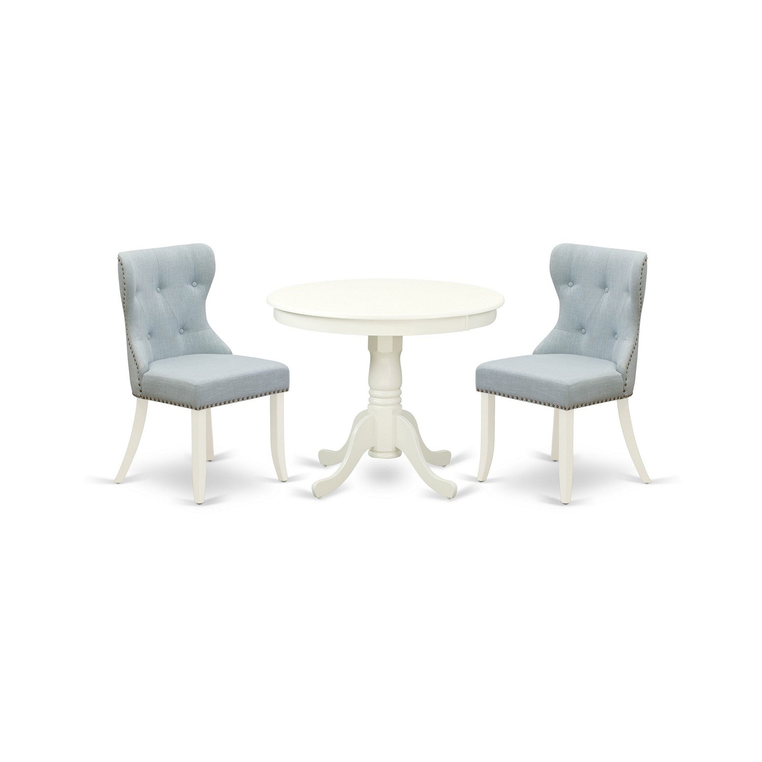 East-West Furniture ANSI3-LWH-15 - A dining set of 2 fantastic indoor dining chairs with Linen Fabric Baby Blue color and a gorgeous 36-Inch Antique modern dining table with Linen White color