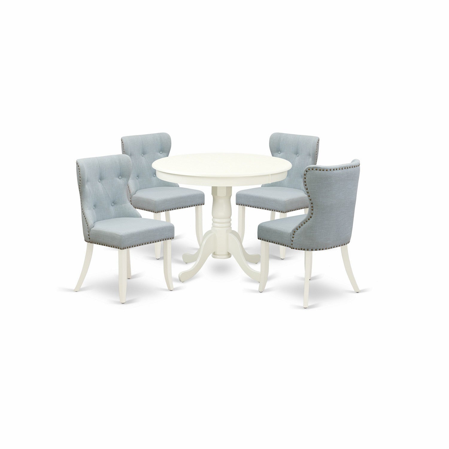 Juego de comedor de 5 piezas East West Furniture ANSI5-LWH-15. Incluye una mesa de comedor redonda con pedestal y 4 sillas tapizadas en tela de lino azul bebé.