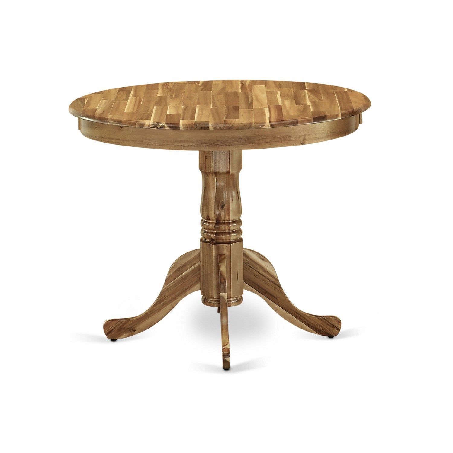 Juego de mesa de cocina de 3 piezas East West Furniture ANFL3-ANA-04 que incluye una mesa de comedor redonda con pedestal y 2 sillas tapizadas en tela de lino color tostado claro.