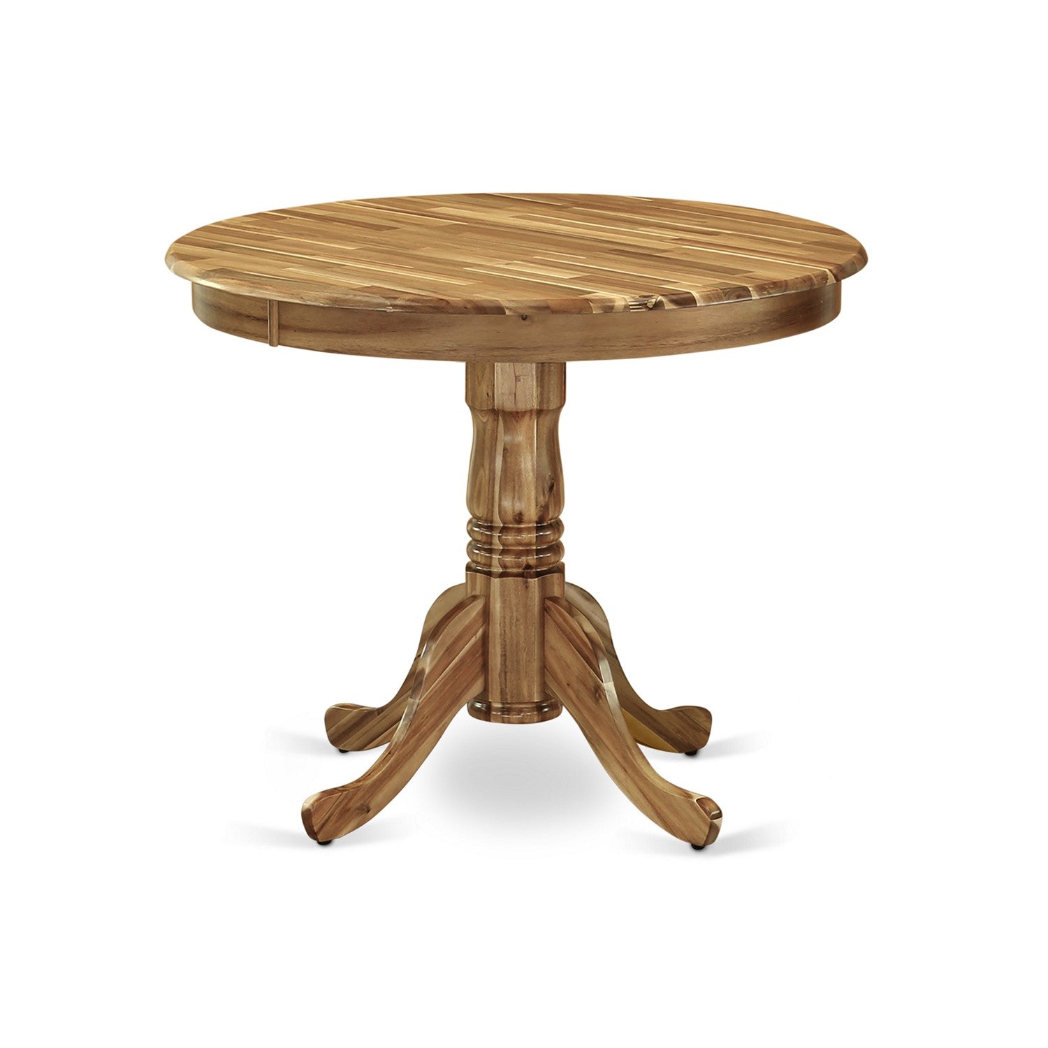 Juego de mesa de cocina de 3 piezas East West Furniture ANFL3-ANA-04 que incluye una mesa de comedor redonda con pedestal y 2 sillas tapizadas en tela de lino color tostado claro.