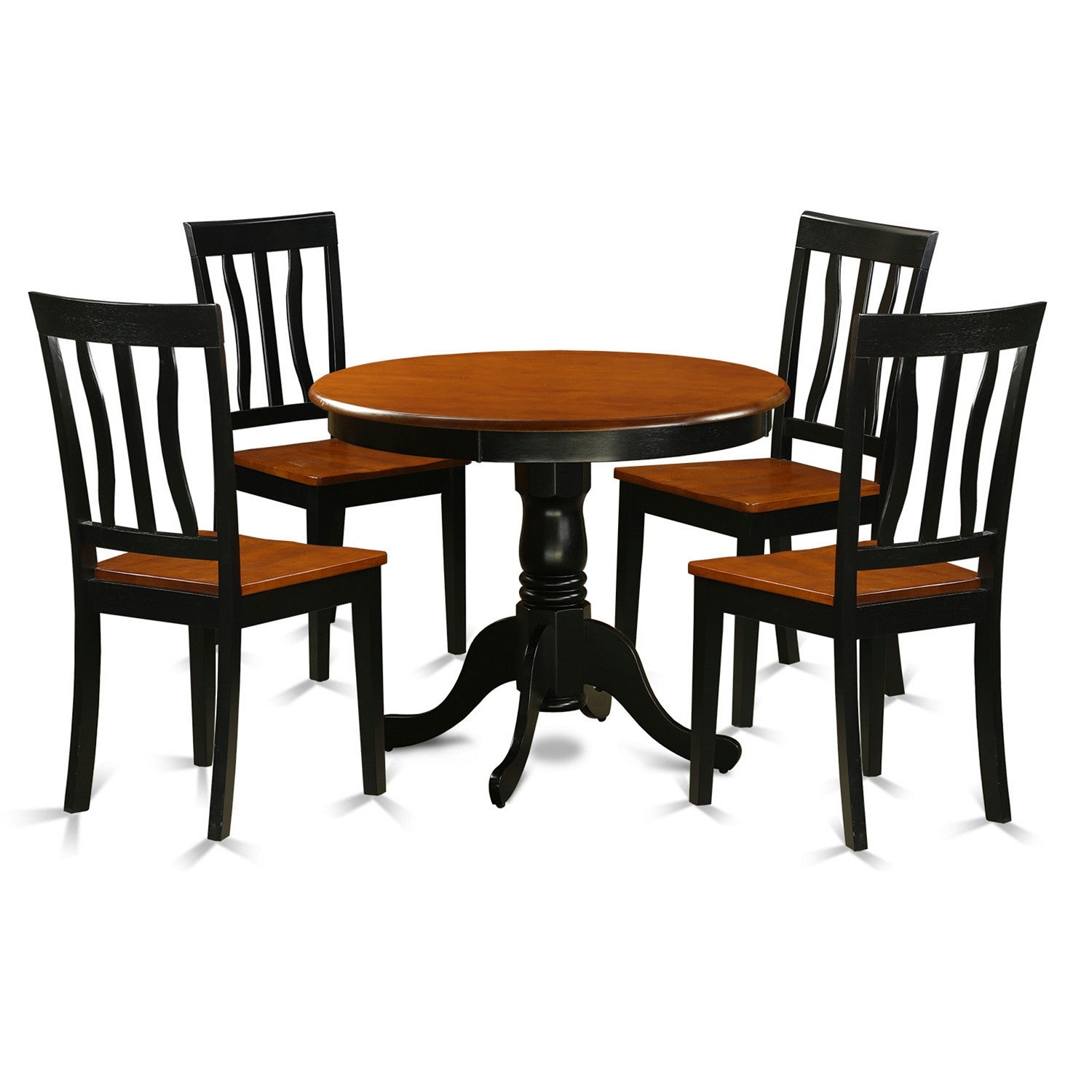 Juego de mesa de cocina de 5 piezas East West Furniture ANTI5-BLK-W para 4 personas. Incluye una mesa de comedor redonda con pedestal y 4 sillas de comedor.