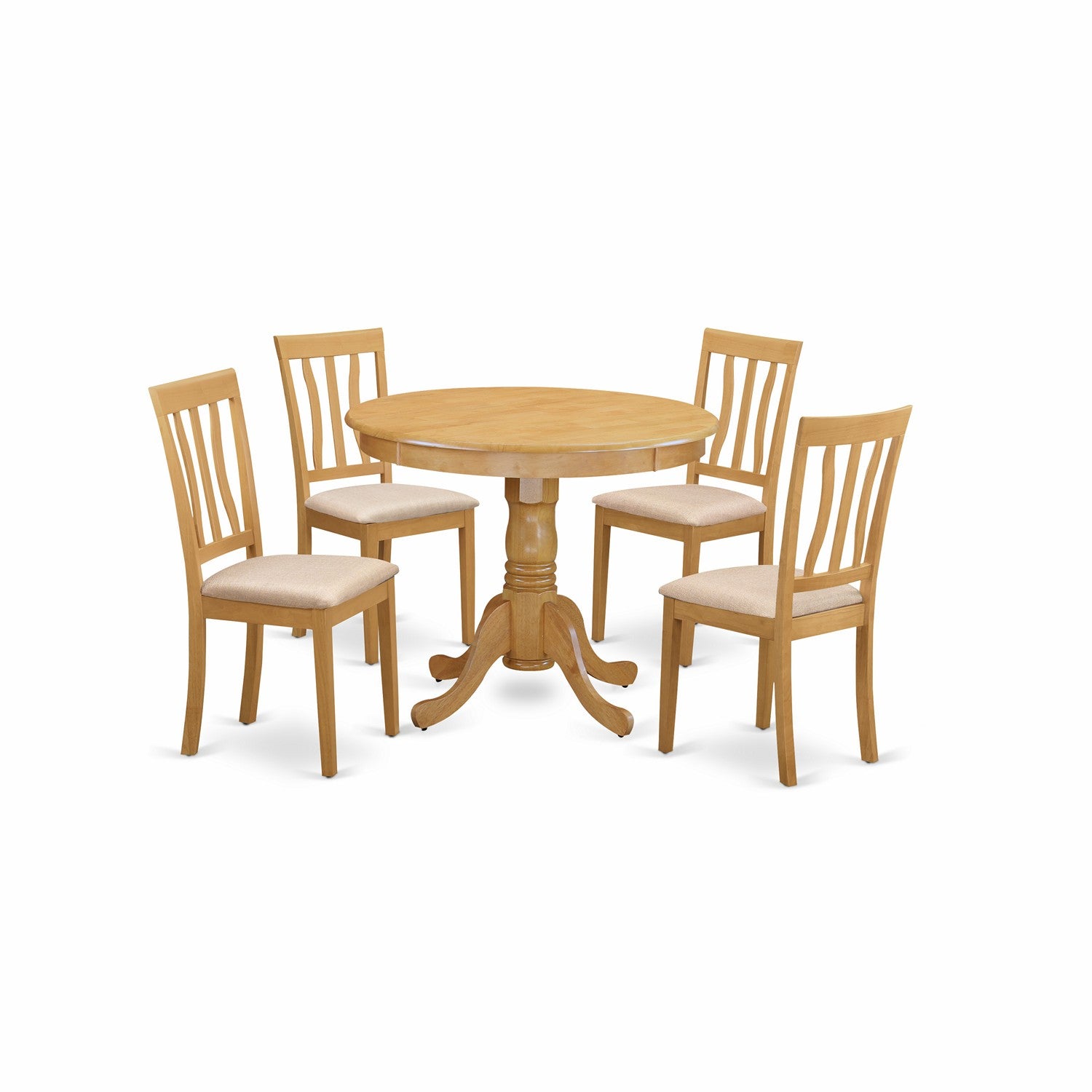 Juego de mesa de comedor de 5 piezas East West Furniture ANTI5-OAK-C. Incluye una mesa redonda de madera con pedestal y 4 sillas de comedor de cocina de tela de lino.