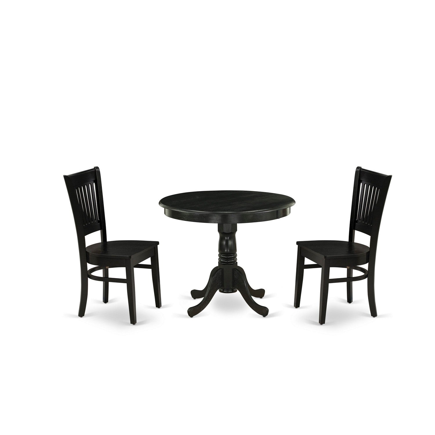 EAST WEST FURNITURE - ANVA3-BLK-W - 3-Piece Dining Room Set- 2 Kitchen Chair and Modern dining room table - Wooden Seat and Slatted Chair Back (Black Finish)