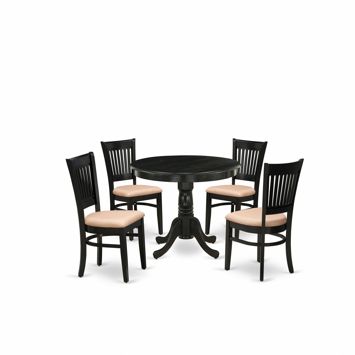 Juego de comedor de 5 piezas East West Furniture ANVA5-BLK-C. Incluye una mesa de comedor redonda con pedestal y 4 sillas tapizadas en tela de lino.