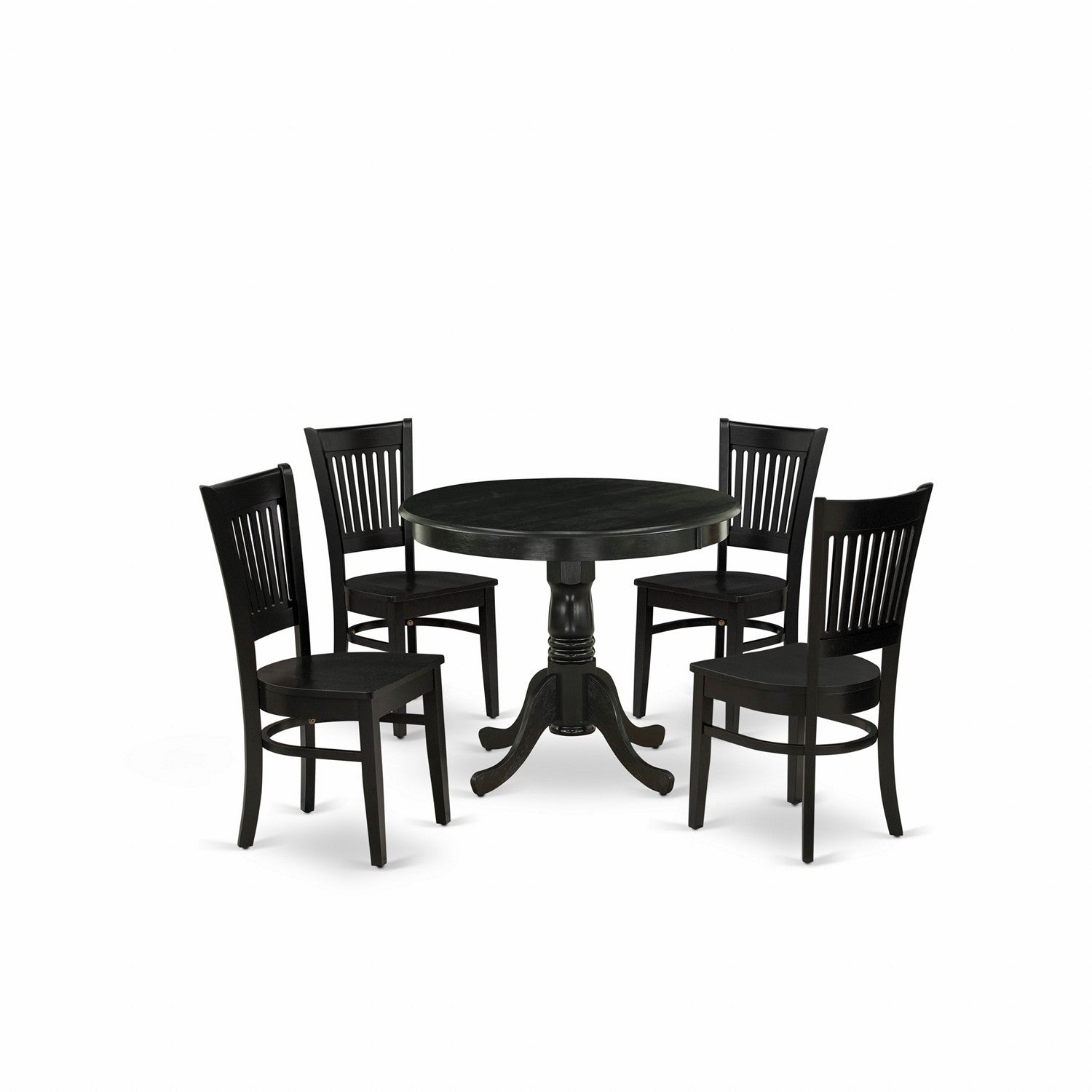 Juego de mesa de comedor moderna de 5 piezas East West Furniture ANVA5-BLK-W. Incluye una mesa de cocina redonda con pedestal y 4 sillas de comedor.