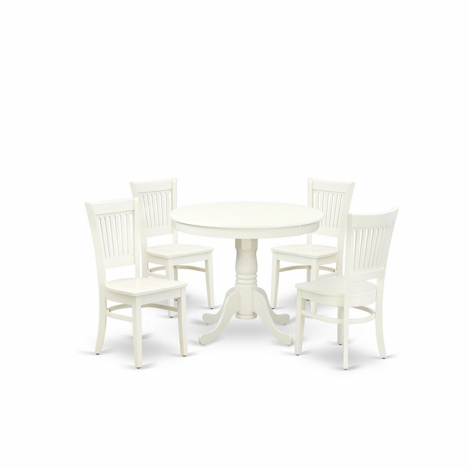 Juego de mesa de cocina de 5 piezas East West Furniture ANVA5-LWH-W para 4 personas. Incluye una mesa de comedor redonda con pedestal y 4 sillas de madera maciza.