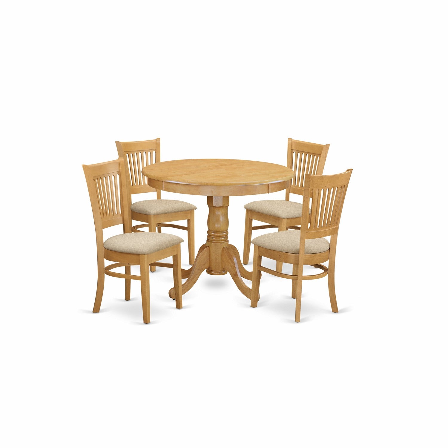 Juego de comedor de 5 piezas East West Furniture ANVA5-OAK-C. Incluye una mesa de comedor redonda con pedestal y 4 sillas tapizadas en tela de lino.
