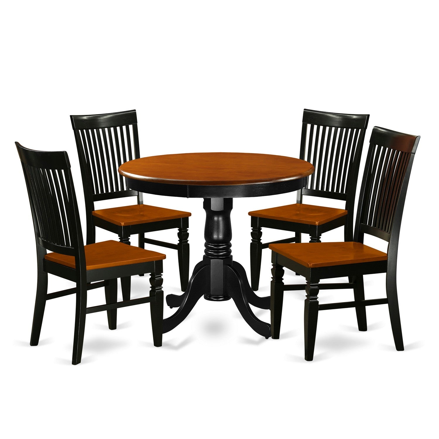 Juego de comedor de 5 piezas East West Furniture ANWE5-BCH-W. Incluye una mesa de cocina redonda con pedestal y 4 sillas de comedor.