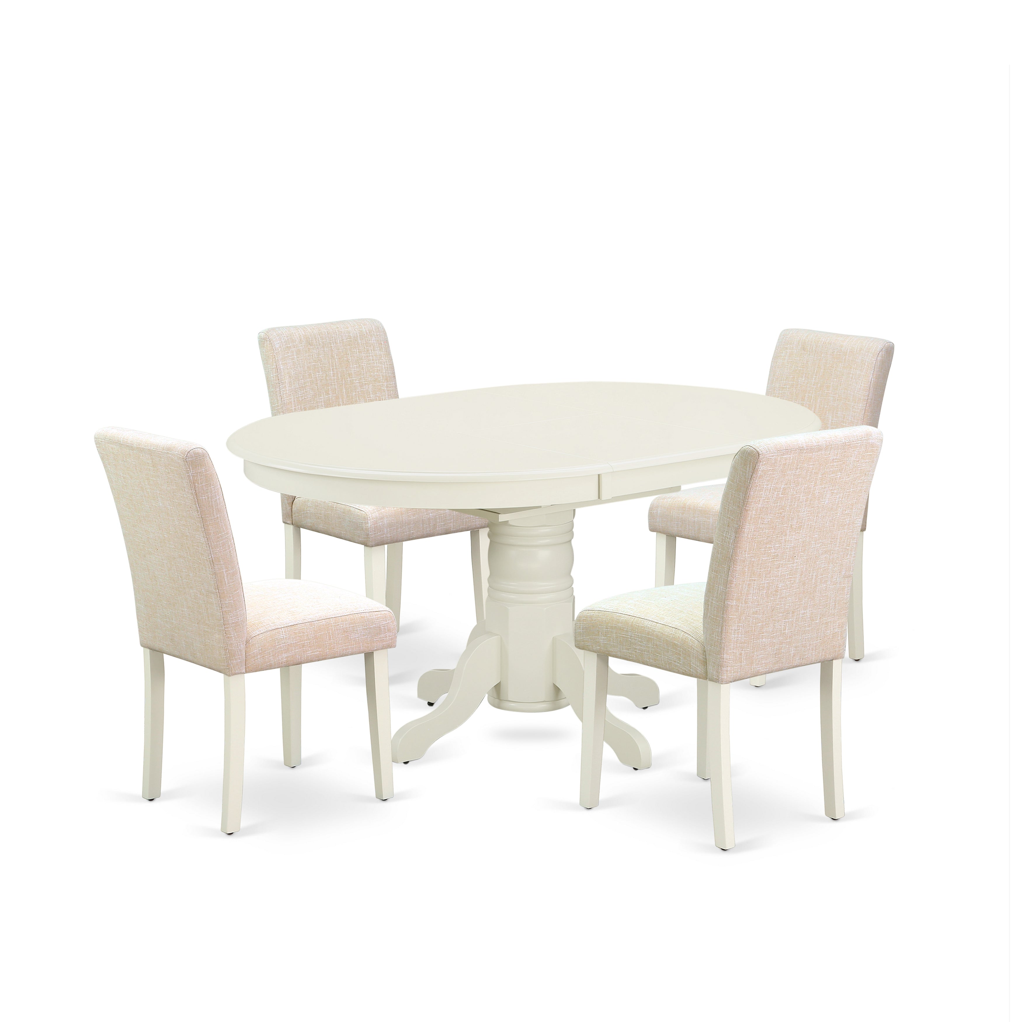 AVAB5-LWH-02 5Pc Oval 42/60" Table With 18 In Self Storing Butterfly Leaf And 4 Parson Chair With Linen White Leg And Linen Fabric Light Beige