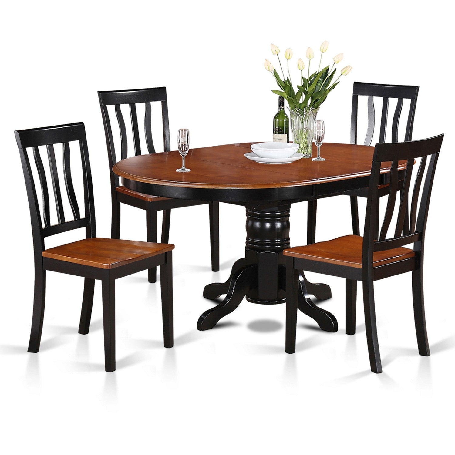 El juego de mesa de comedor de 5 piezas East West Furniture AVAT5-BLK-W incluye una mesa de cocina ovalada con hojas de mariposa y 4 sillas de comedor.