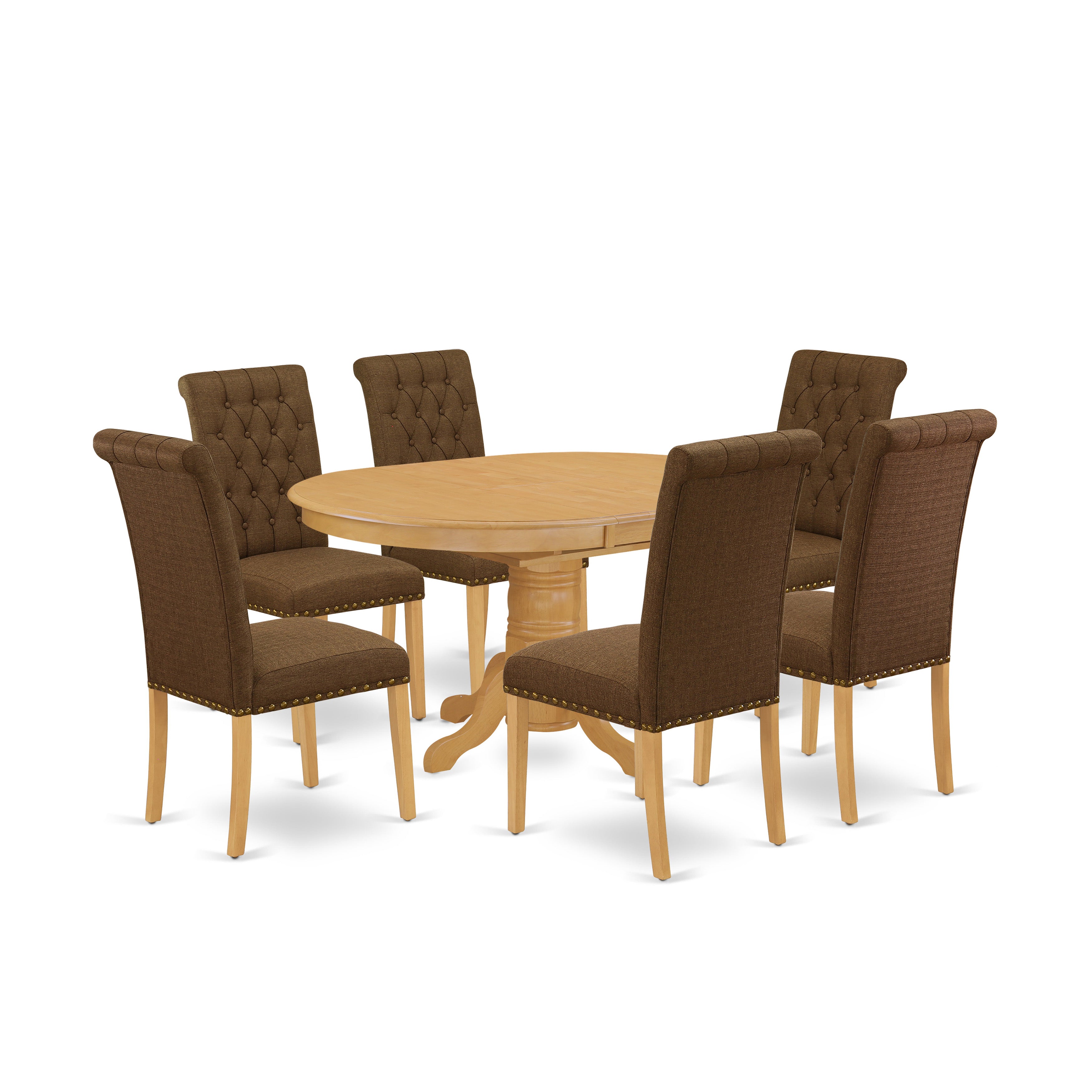 Juego de comedor de 7 piezas East West Furniture AVBR7-OAK-18 compuesto por una mesa de comedor ovalada con hojas de mariposa y 6 sillas Parson de tela de lino marrón.