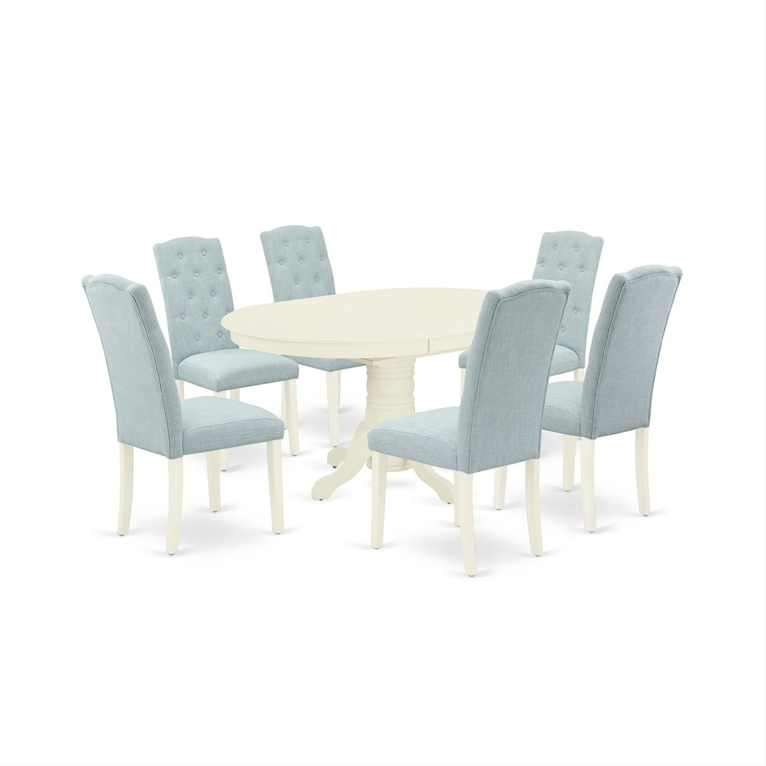 Juego de comedor de 7 piezas East West Furniture AVCE7-LWH-15 compuesto por una mesa de comedor ovalada con hojas de mariposa y 6 sillas tapizadas en tela de lino azul bebé.