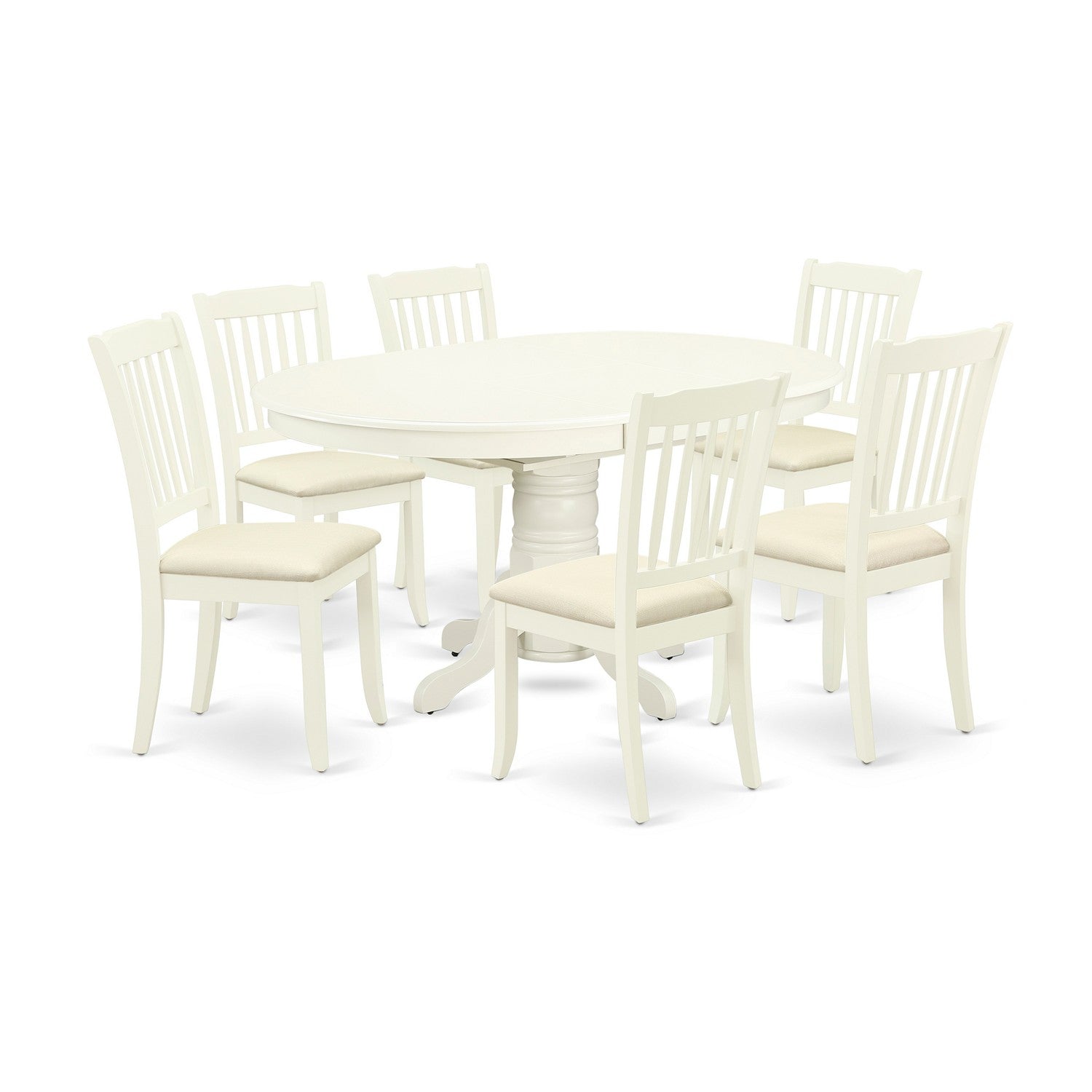 Juego de mesa de comedor de 7 piezas East West Furniture AVDA7-LWH-C. Incluye una mesa de cocina ovalada con hojas de mariposa y 6 sillas de comedor tapizadas en tela de lino.