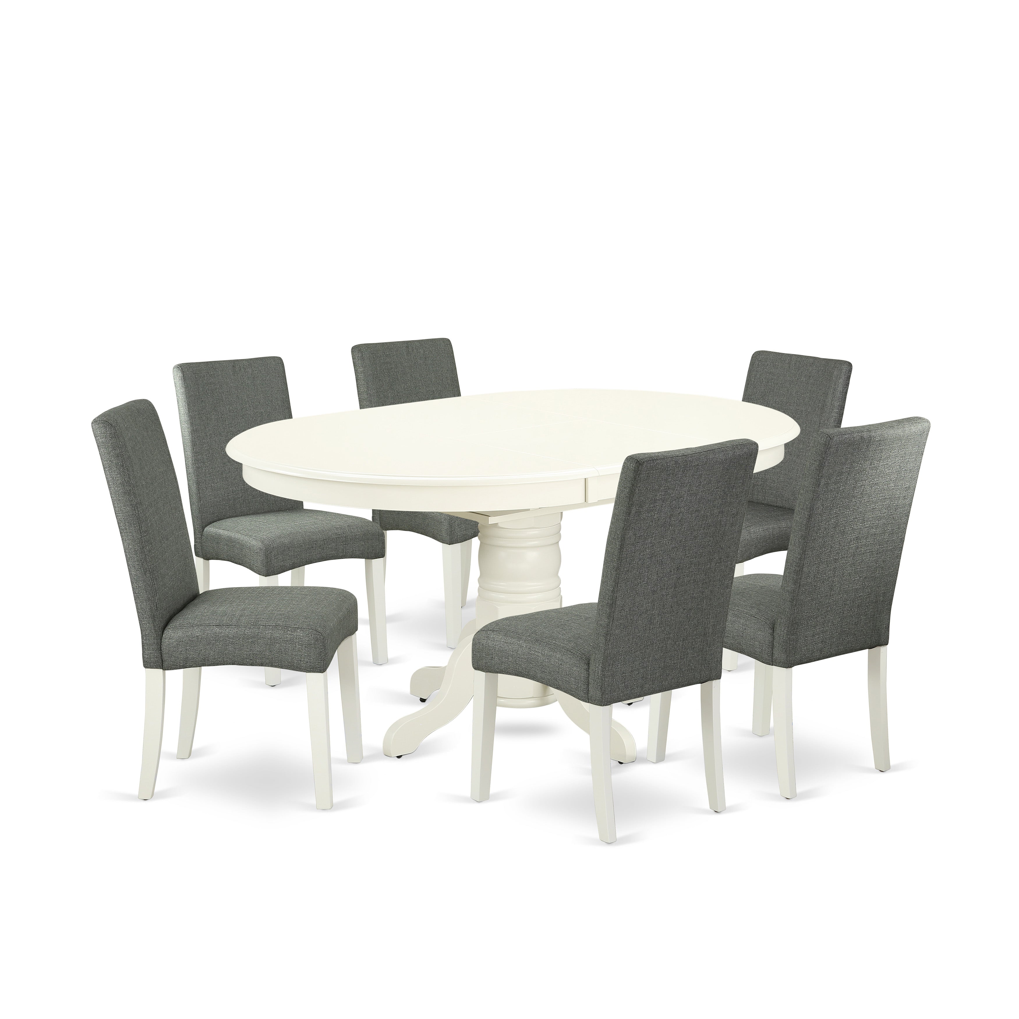 AVDR7-LWH-07 7Pc Oval 42/60" Dinette Table With 18 In Butterfly Leaf And 6 Parson Chair With Linen White Finish Leg And Linen Fabric- Gray Color