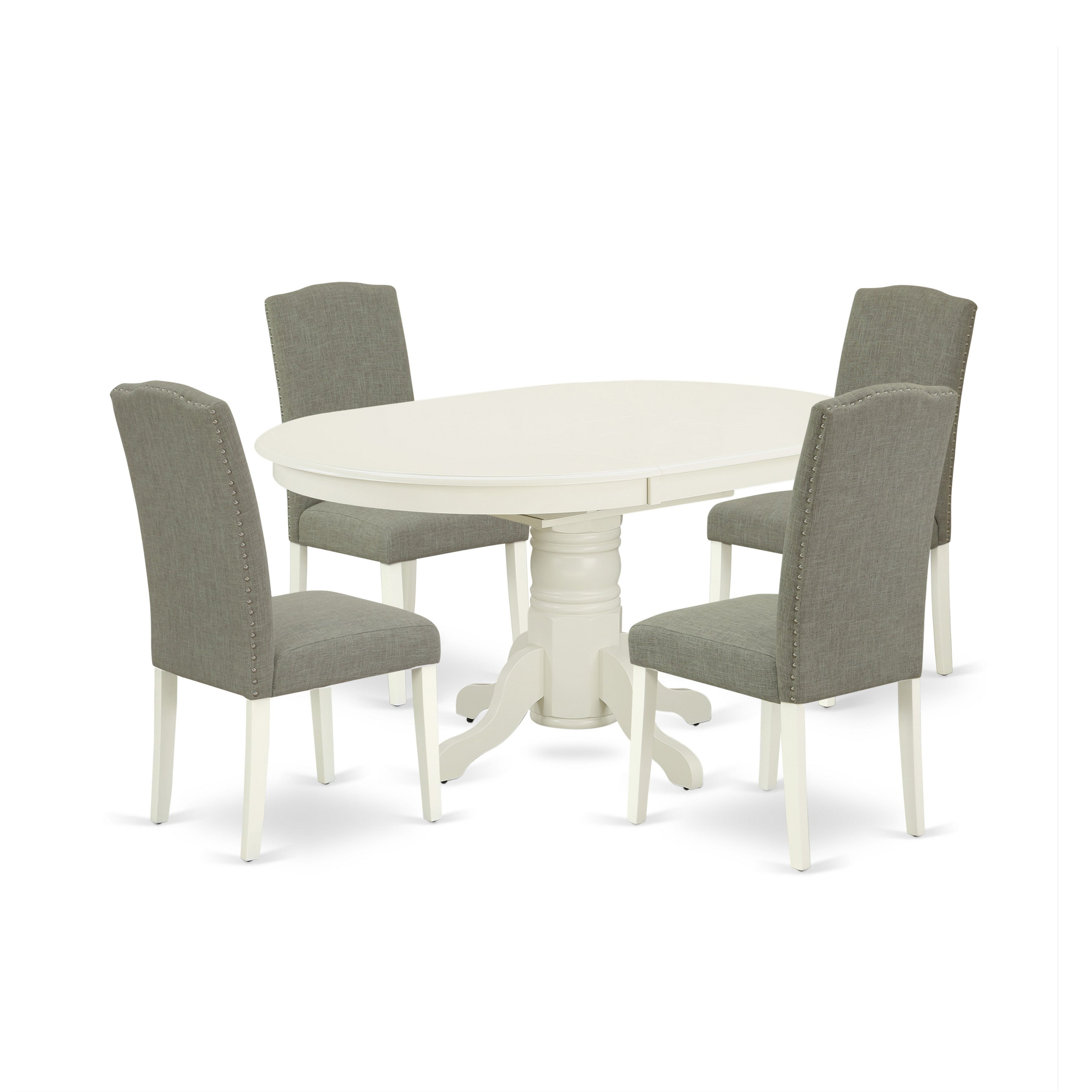 El juego de mesa de comedor moderno de 5 piezas East West Furniture AVEN5-LWH-06 incluye una mesa ovalada de madera con hojas de mariposa y 4 sillas Parson de tela de lino shitake oscuro.