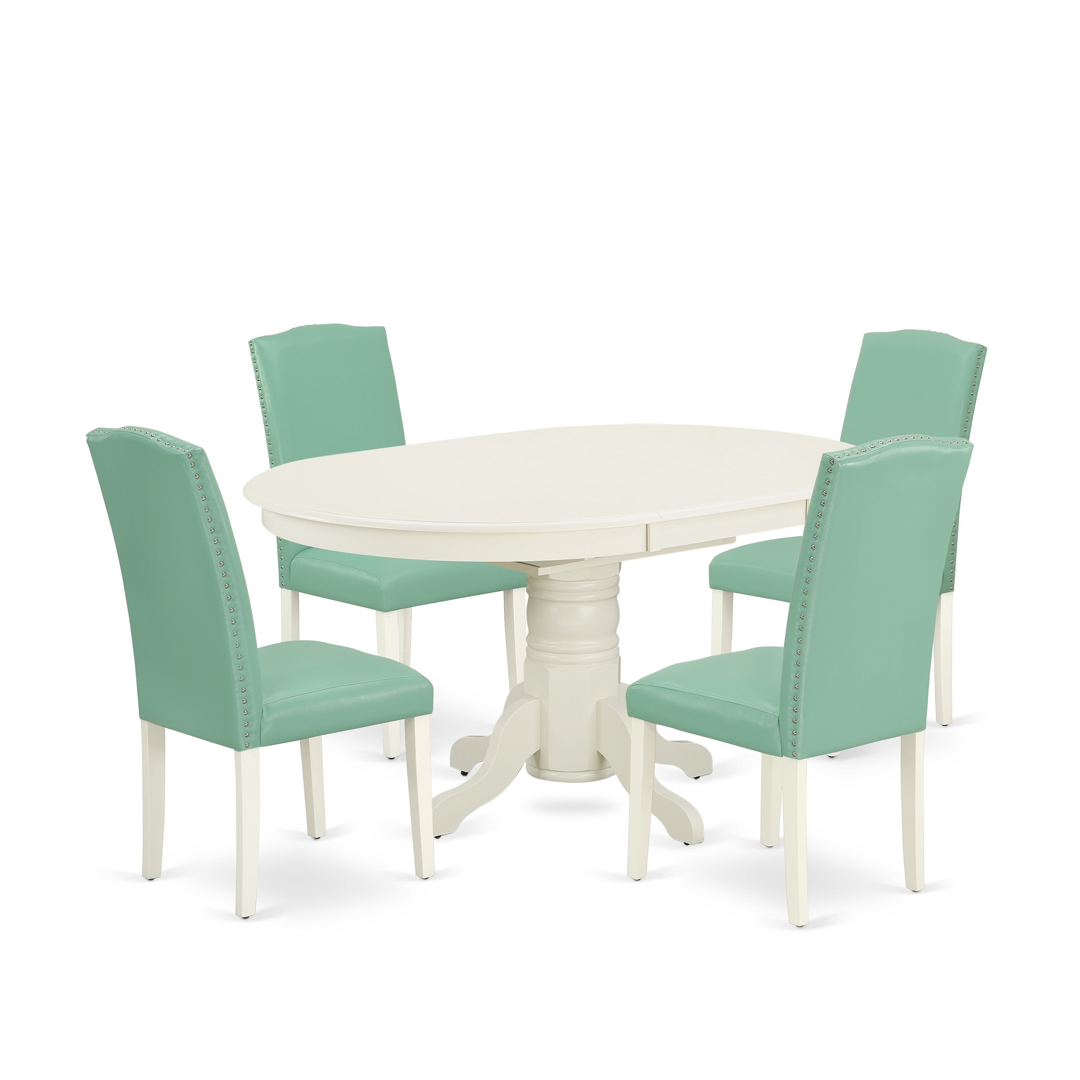 El juego de comedor de 5 piezas East West Furniture AVEN5-LWH-57 incluye una mesa ovalada de madera con hojas de mariposa y 4 sillas tapizadas en piel sintética con estampado de estanque.