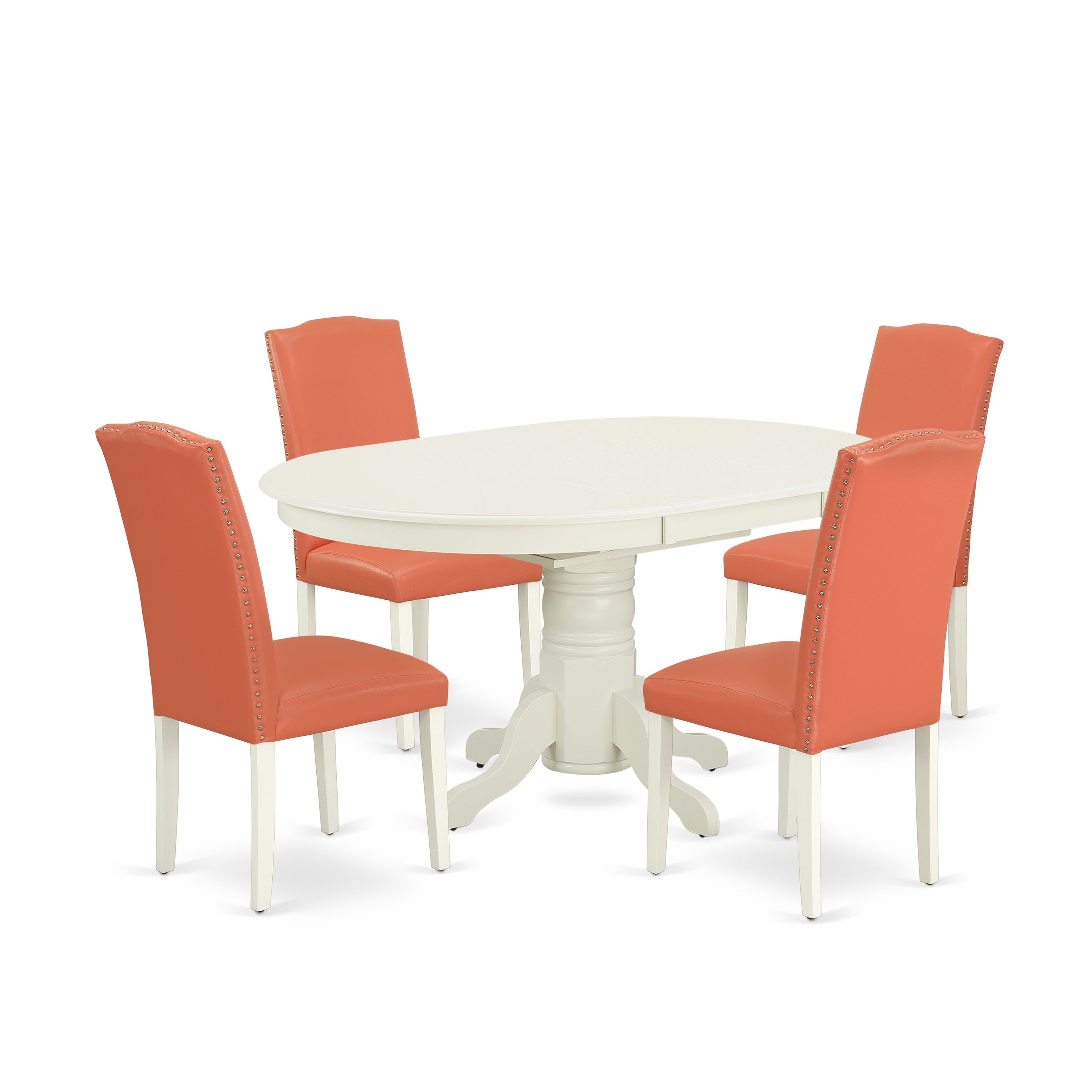 Juego de mesa de cocina de 5 piezas para 4 personas East West Furniture AVEN5-LWH-78. Incluye una mesa de comedor ovalada con hojas de mariposa y 4 sillas tapizadas de piel sintética con diseño de flamencos rosados.