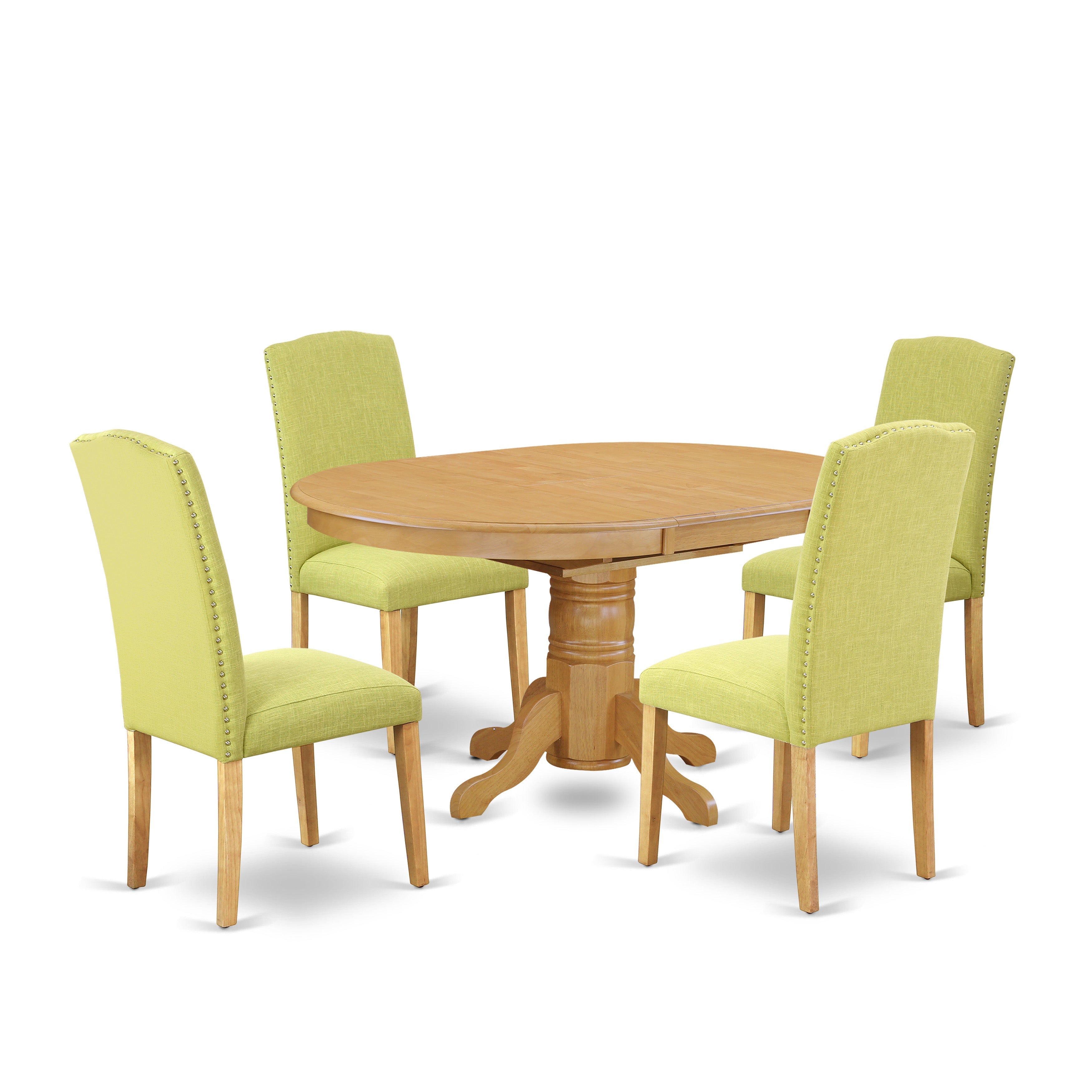 AVEN5-OAK-07 5Pc Oval 42/60" Table With 18 In Self Storing Butterfly Leaf And 4 Parson Chair With Oak Leg And Linen Fabric Limelight