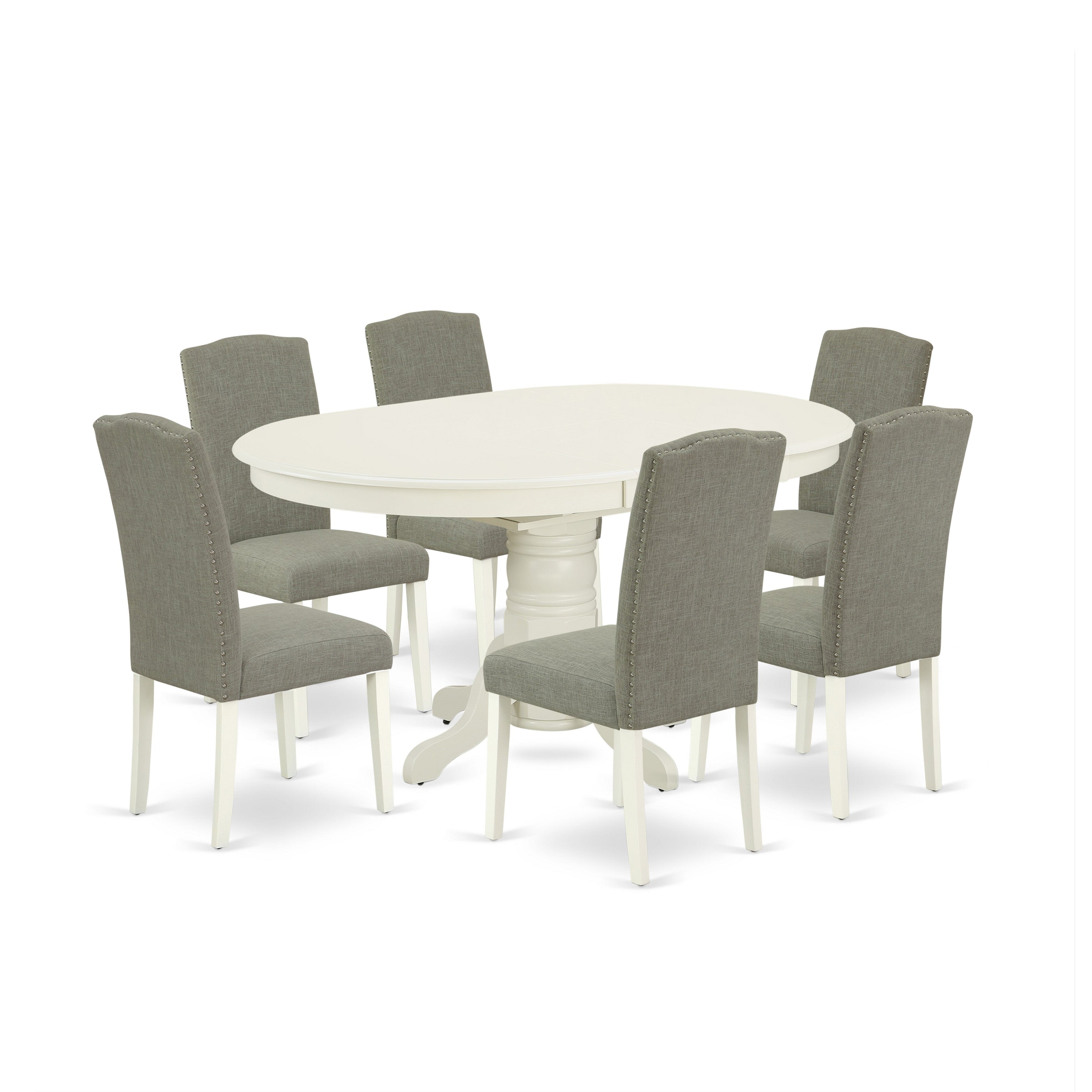 AVEN7-LWH-06 7Pc Oval 42/60" Dinette Table With 18 In Butterfly Leaf And 6 Parson Chair With Linen White Leg And Linen Fabric Dark Shitake