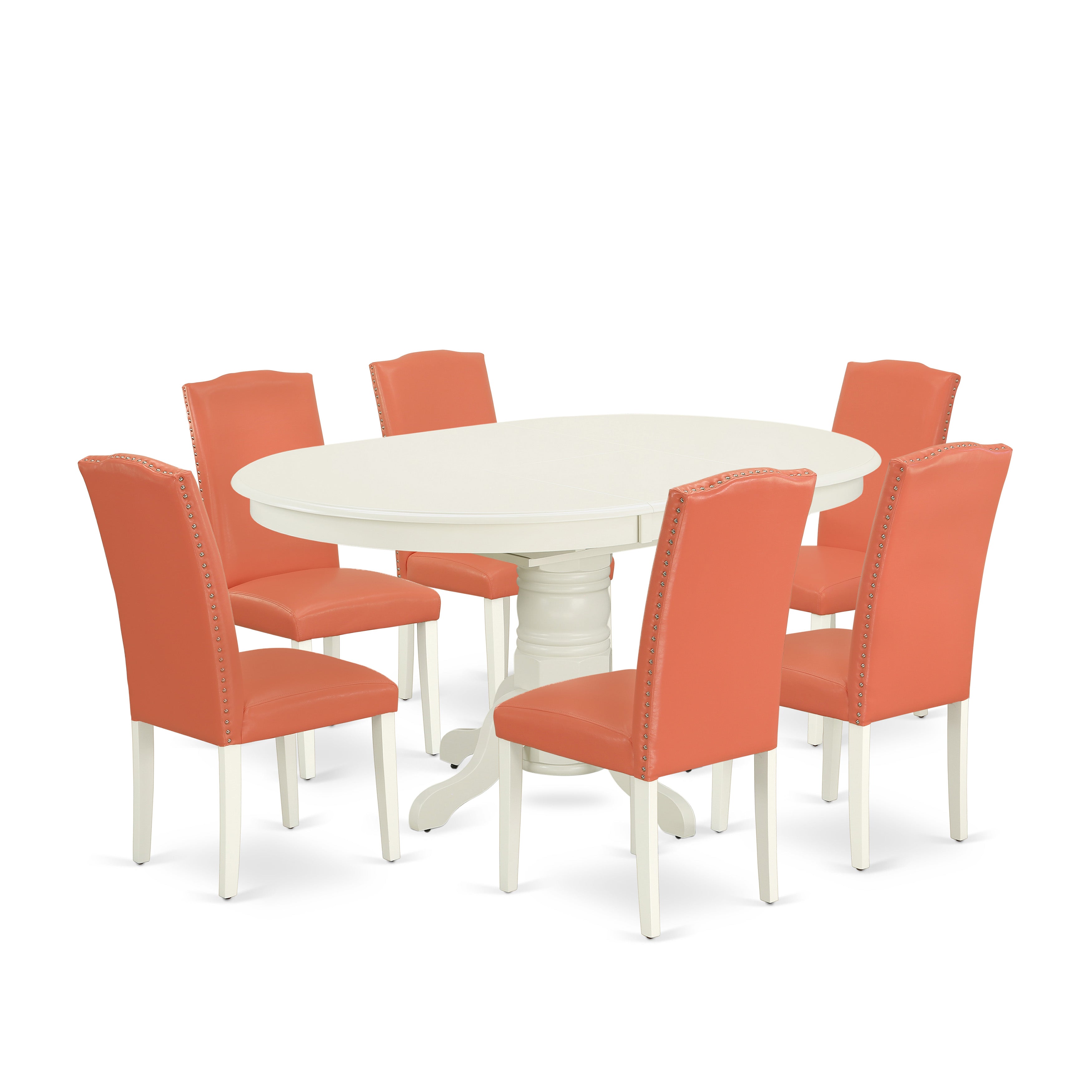 AVEN7-LWH-78 7Pc Oval 42/60" Dinette Table With 18 In Butterfly Leaf And 6 Parson Chair With Linen White Leg And Pu Leather Color Pink Flamingo