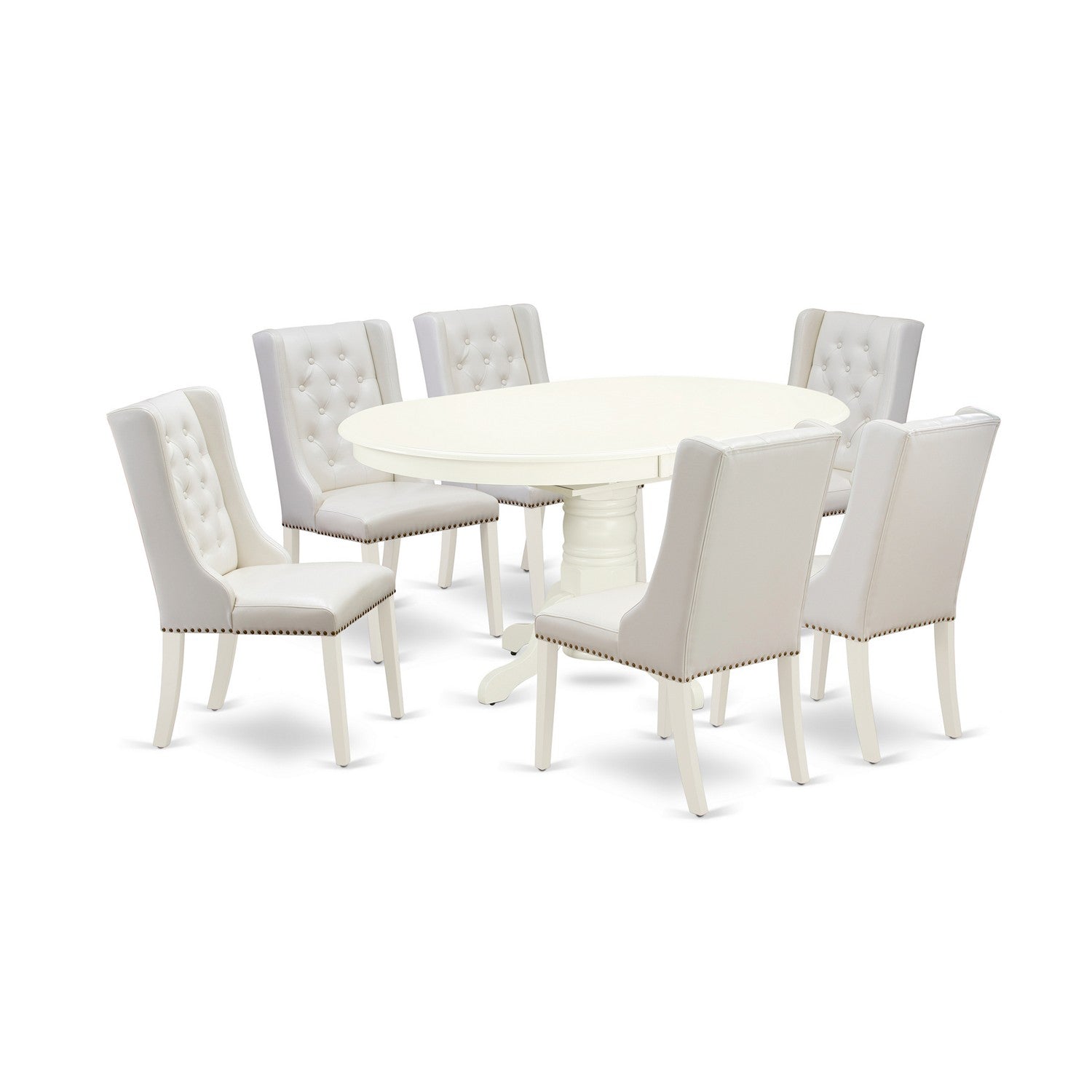 East West Furniture AVFO7-LWH-44 7-Piece Dining Room Set 6 Linen white PU faux Leather Parson Dining Chairs with Button Tufted Back and 1 Wooden Dining Table - linen white