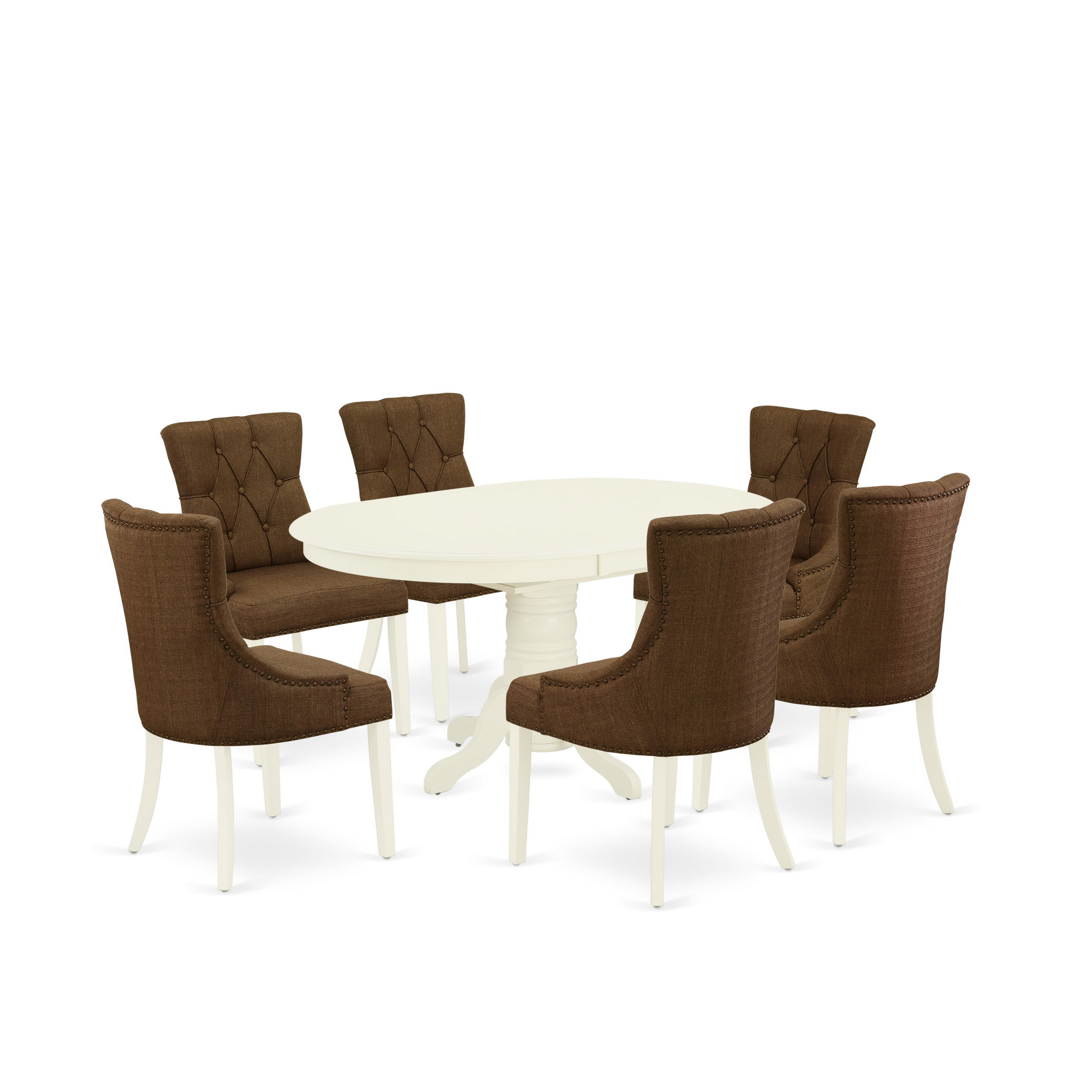 AVFR7-LWH-18 7Pc Dinette Set Includes an Oval Kitchen Table with Butterfly Leaf and Six Parson Chairs with Dark Coffee Fabric, Linen White Finish