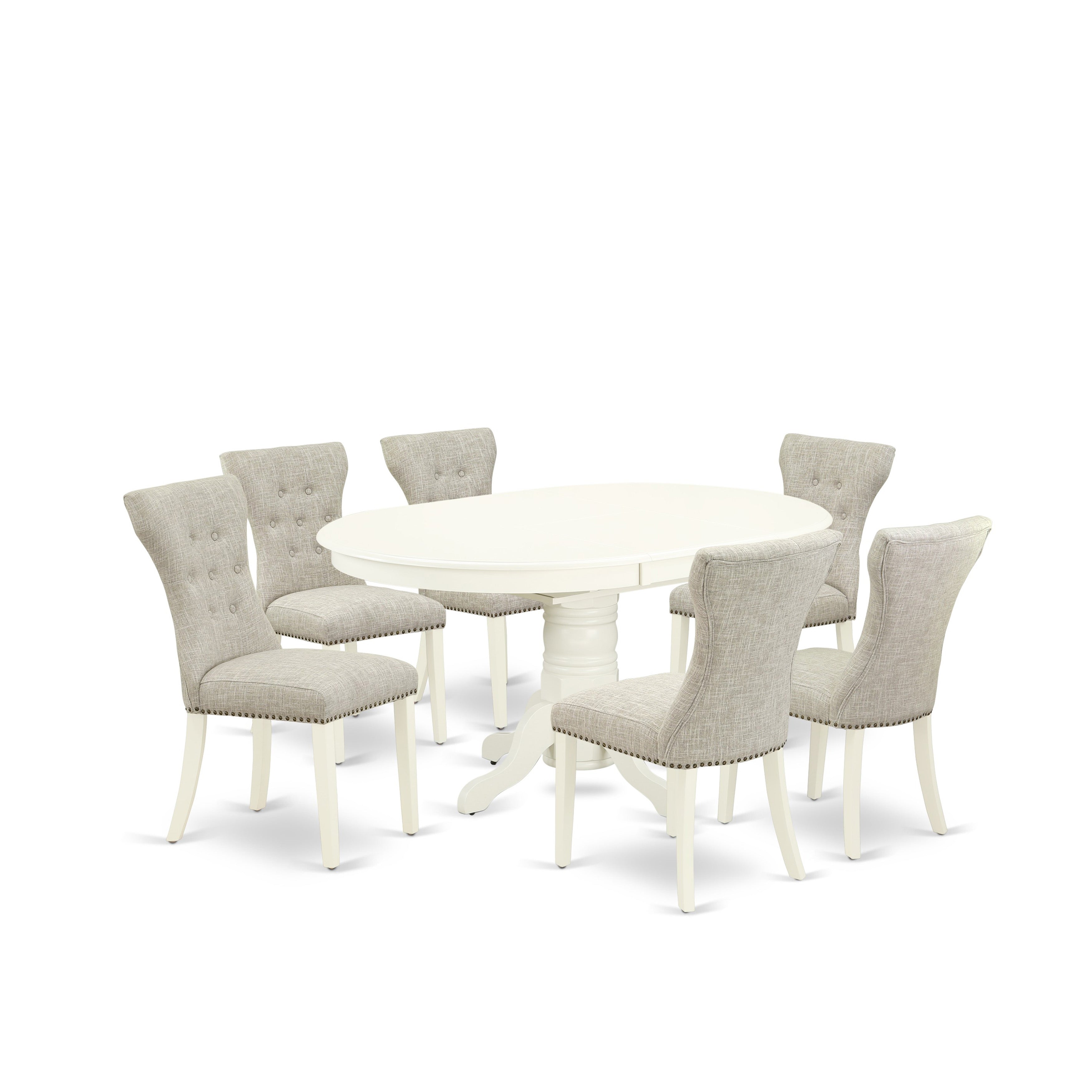 East-West Furniture AVGA7-LWH-35 7-Piece Dining Room Table Set- 6 Parson Dining Chairs and Butterfly Leaf Dining Table Solid Wood Frame -High Back & Linen White Finish
