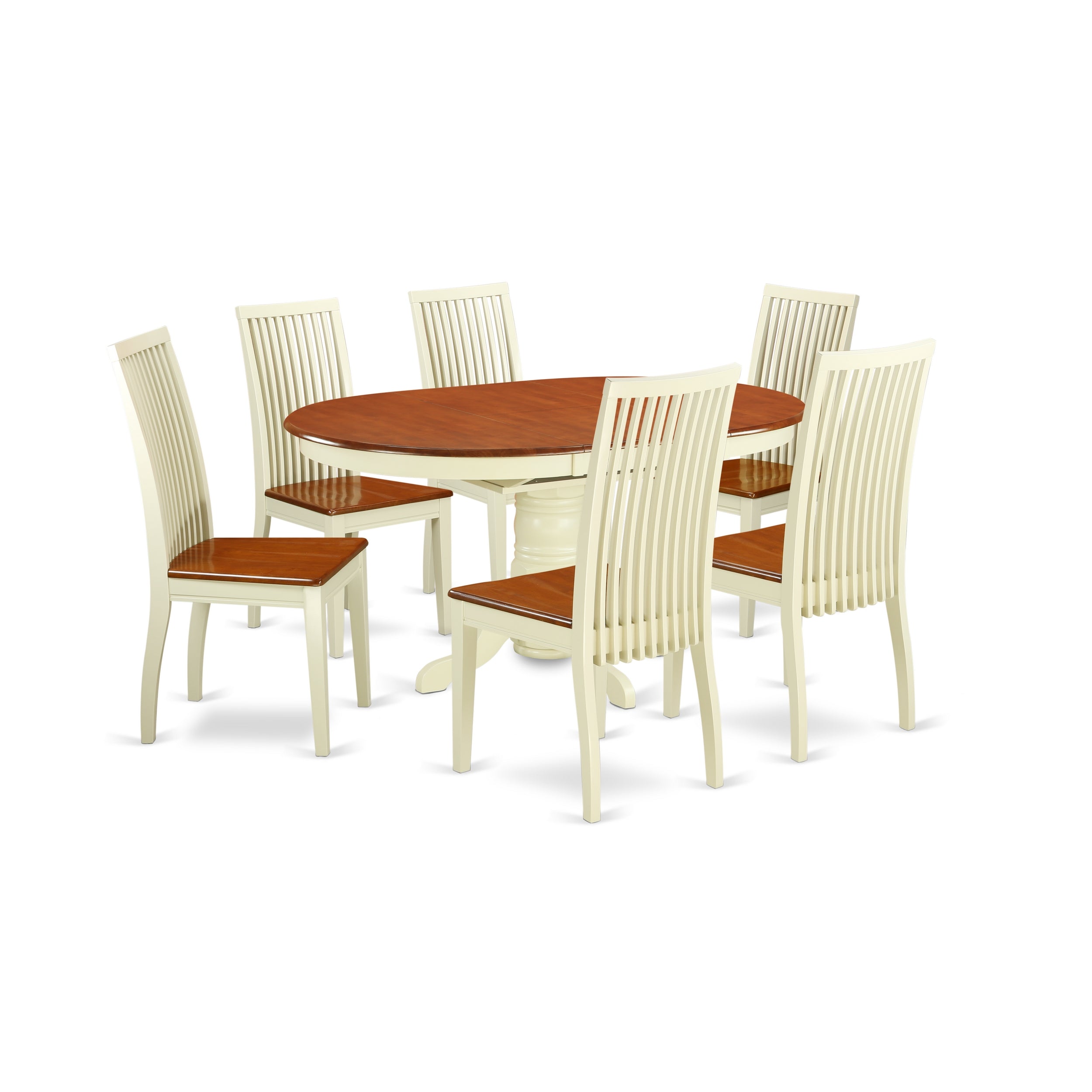 Juego de mesa y sillas de cocina de 7 piezas AVIP7-BMK-W de East West Furniture. Incluye una mesa de comedor ovalada con hojas de mariposa y 6 sillas de madera maciza.