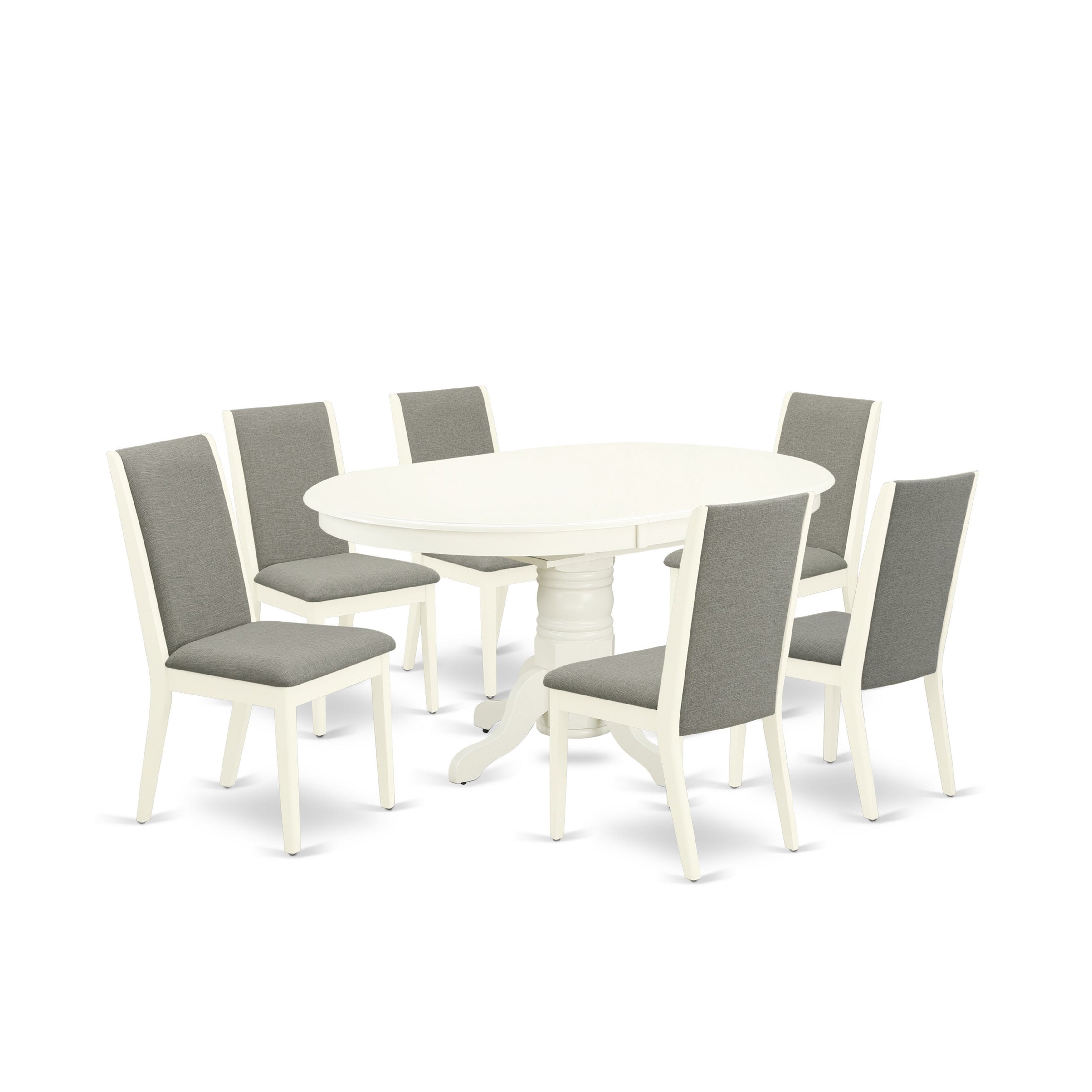 East West Furniture AVLA7-LWH-06 7-Piece dining set- 6 Dining Chairs and butterfly leaf table solid wood structure -High back & Linen white Finish
