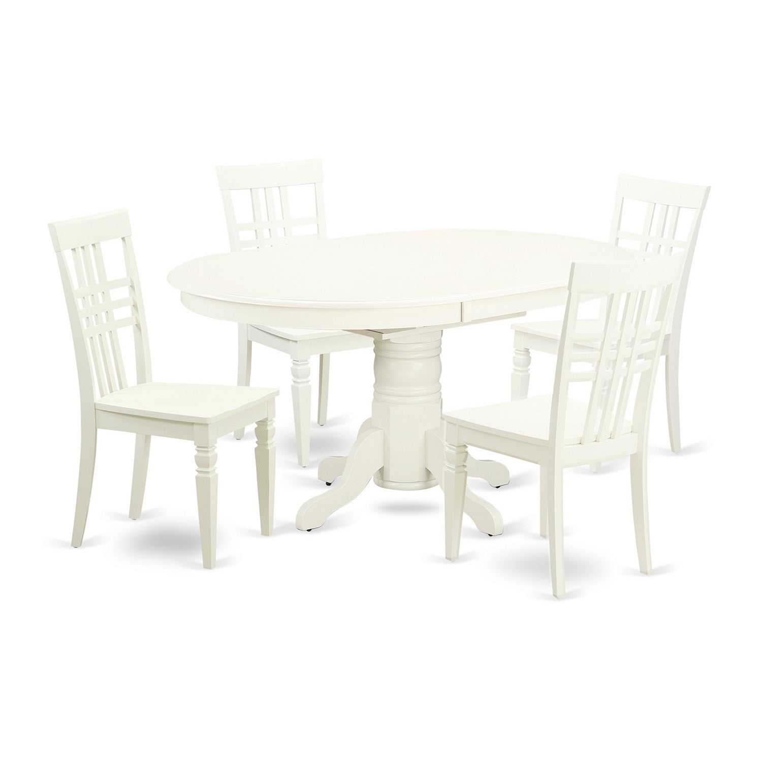 Juego de comedor East West Furniture AVLG5-LWH-W de 5 piezas para 4 personas. Incluye una mesa de comedor ovalada con hojas de mariposa y 4 sillas de comedor.