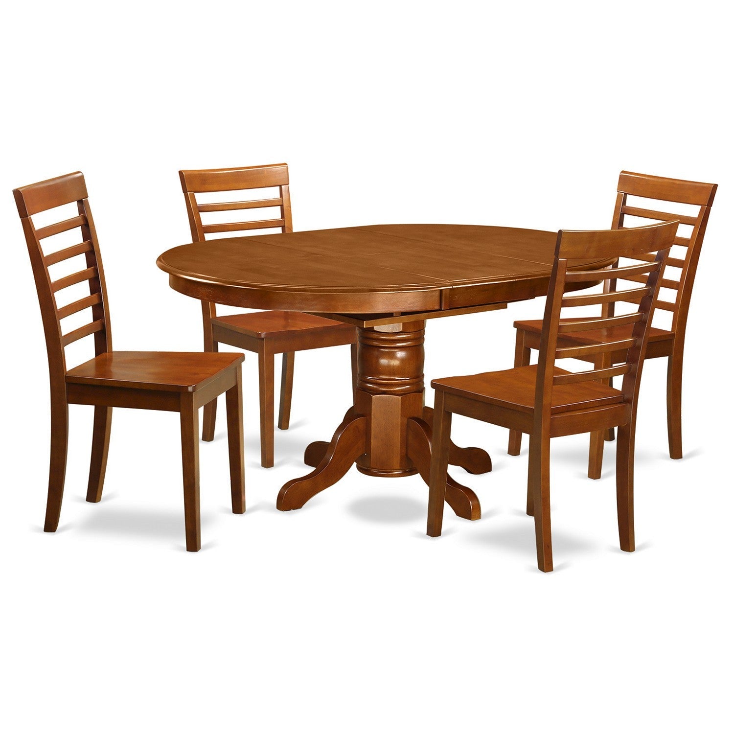 El juego de mesa de comedor de 5 piezas East West Furniture AVML5-SBR-W incluye una mesa de cocina ovalada con hojas de mariposa y 4 sillas de comedor.