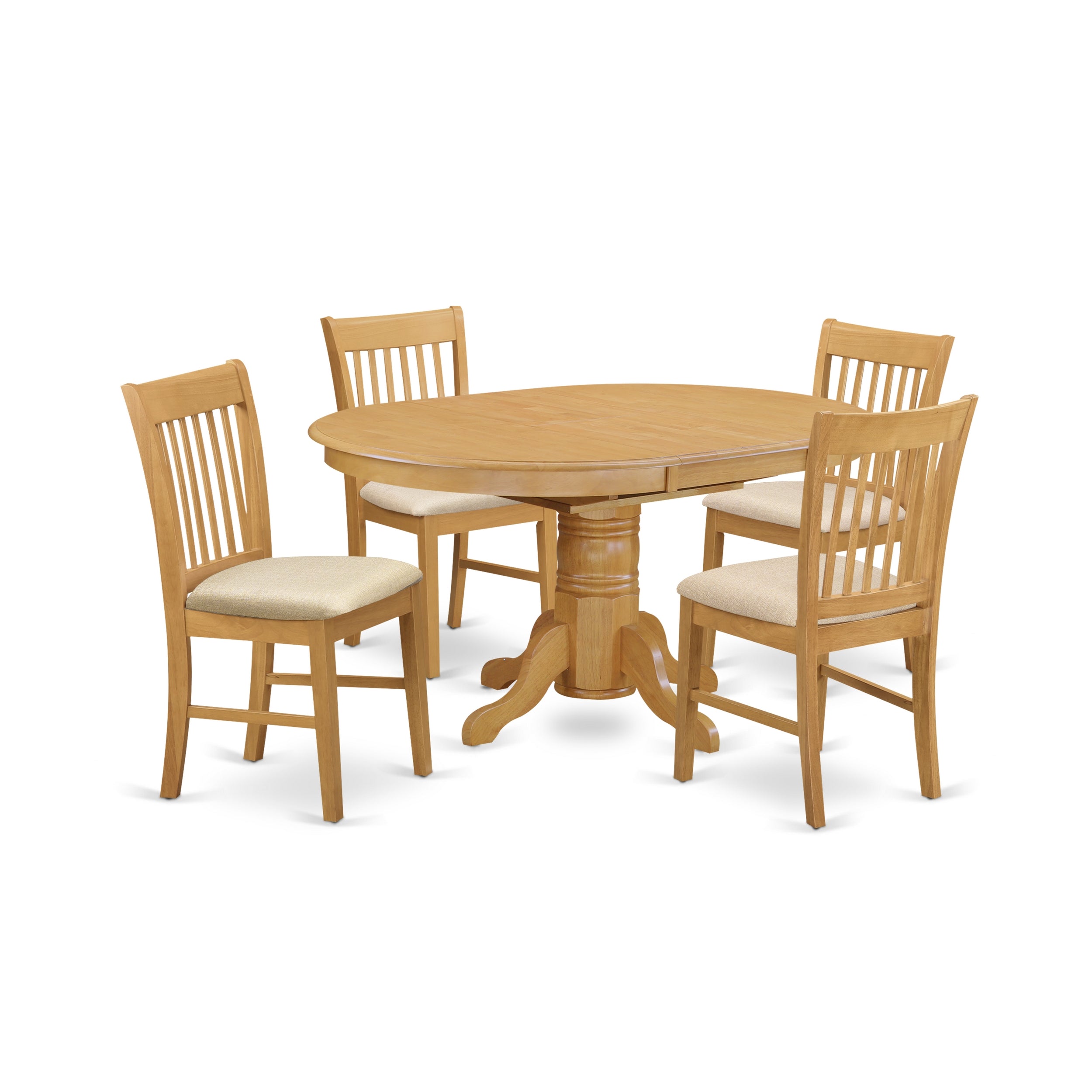 El juego de mesa de comedor moderno de 5 piezas East West Furniture AVNO5-OAK-C incluye una mesa ovalada de madera con hojas de mariposa y 4 sillas de comedor de cocina de tela de lino.
