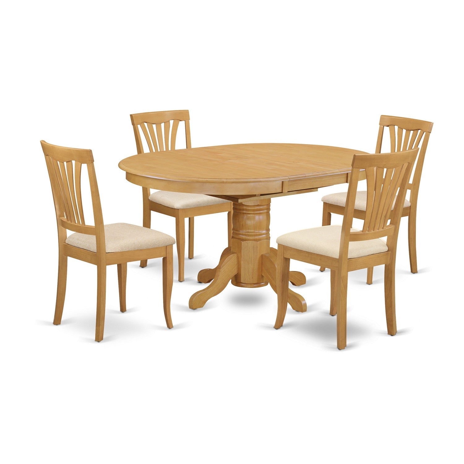El juego de mesa de comedor de 5 piezas East West Furniture AVON5-OAK-C incluye una mesa ovalada de madera con hojas de mariposa y 4 sillas de comedor de cocina de tela de lino.
