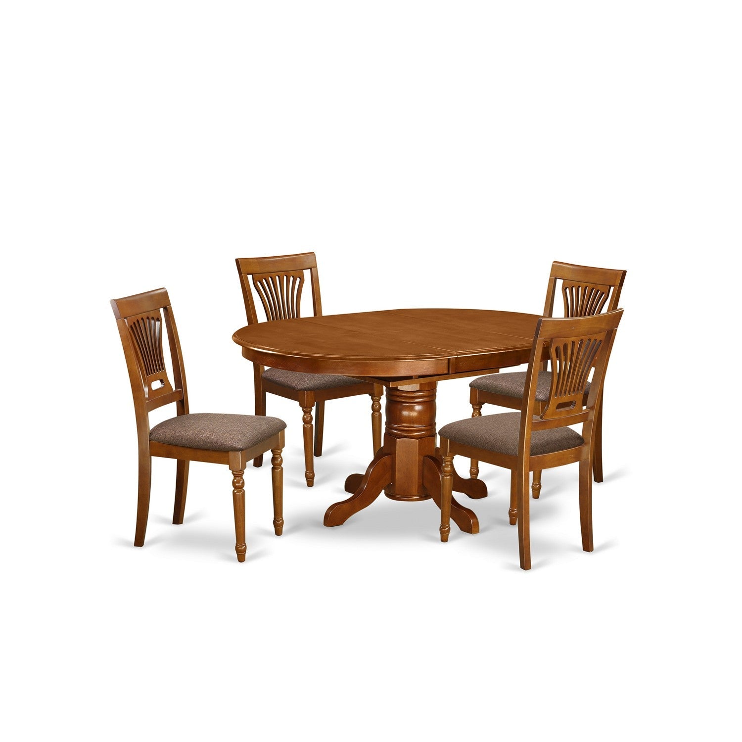 El juego de comedor de 5 piezas East West Furniture AVPL5-SBR-C incluye una mesa de comedor ovalada con hojas de mariposa y 4 sillas de cocina tapizadas en tela de lino.
