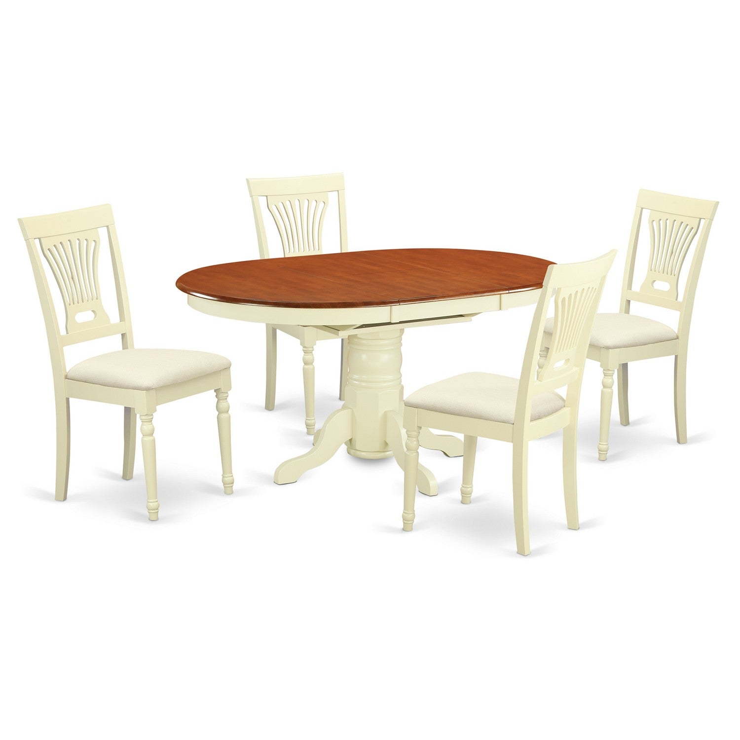 Juego de comedor de 5 piezas East West Furniture AVPL5-WHI-C para 4 personas. Incluye una mesa de comedor ovalada con diseño de hojas de mariposa y 4 sillas de comedor de cocina de tela de lino.