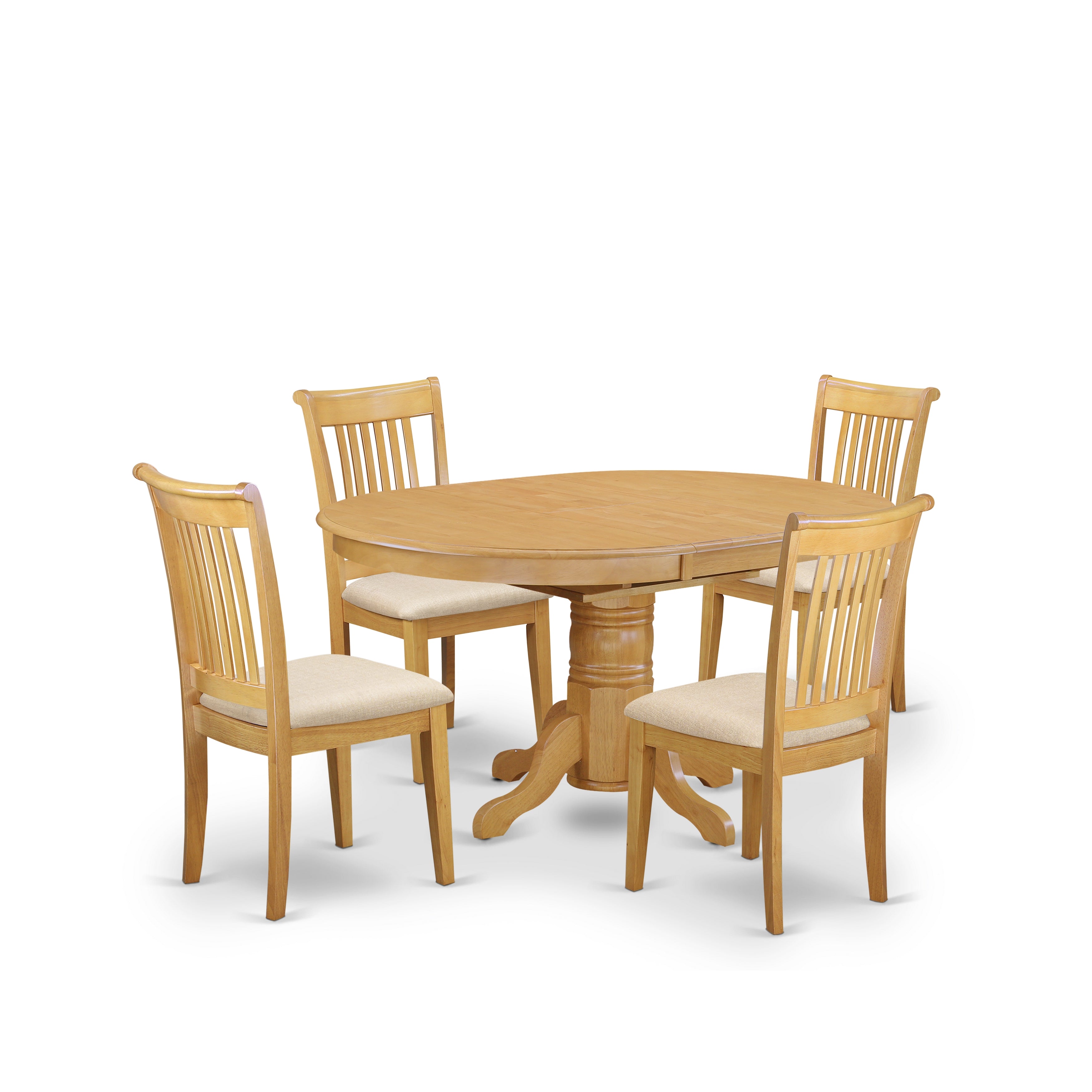 Juego de mesa de cocina de 5 piezas East West Furniture AVPO5-OAK-C para 4 personas. Incluye una mesa de comedor ovalada con diseño de hojas de mariposa y 4 sillas tapizadas en tela de lino.