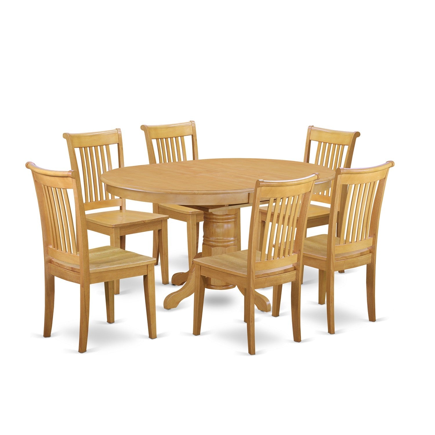 Juego de mesa de comedor de 7 piezas East West Furniture AVPO7-OAK-W. Incluye una mesa de comedor ovalada con hojas de mariposa y 6 sillas con asiento de madera.