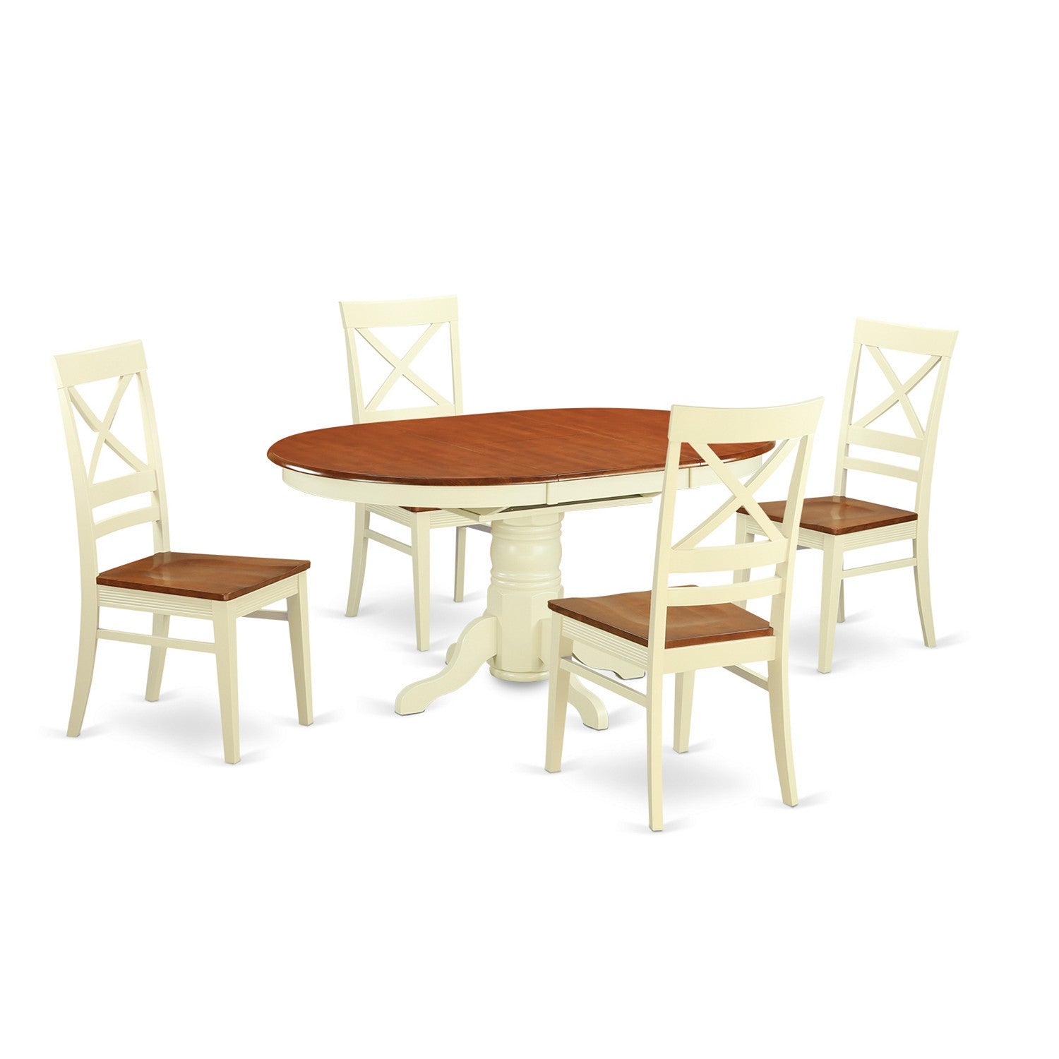 Juego de mesa y sillas de cocina de 5 piezas East West Furniture AVQU5-WHI-W. Incluye una mesa de comedor ovalada con hojas de mariposa y 4 sillas con asiento de madera maciza.