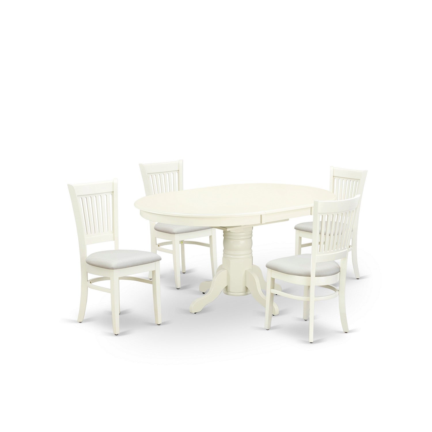 El juego de mesa de comedor de 5 piezas East West Furniture AVVA5-LWH-C incluye una mesa de cocina ovalada con hojas de mariposa y 4 sillas de comedor tapizadas en tela de lino.