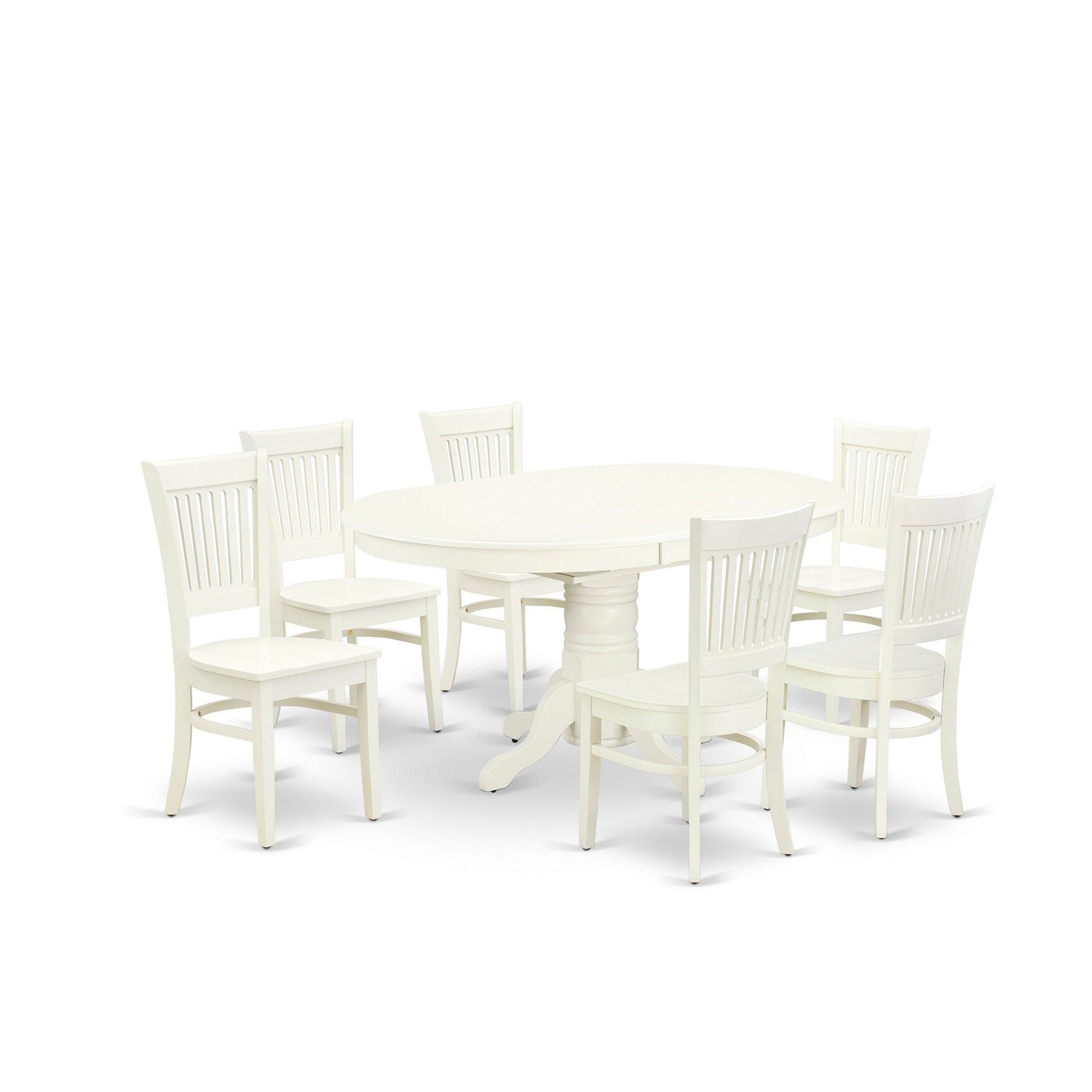 Juego de comedor de 7 piezas East West Furniture AVVA7-LWH-W compuesto por una mesa de comedor ovalada con hojas de mariposa y 6 sillas con asiento de madera.