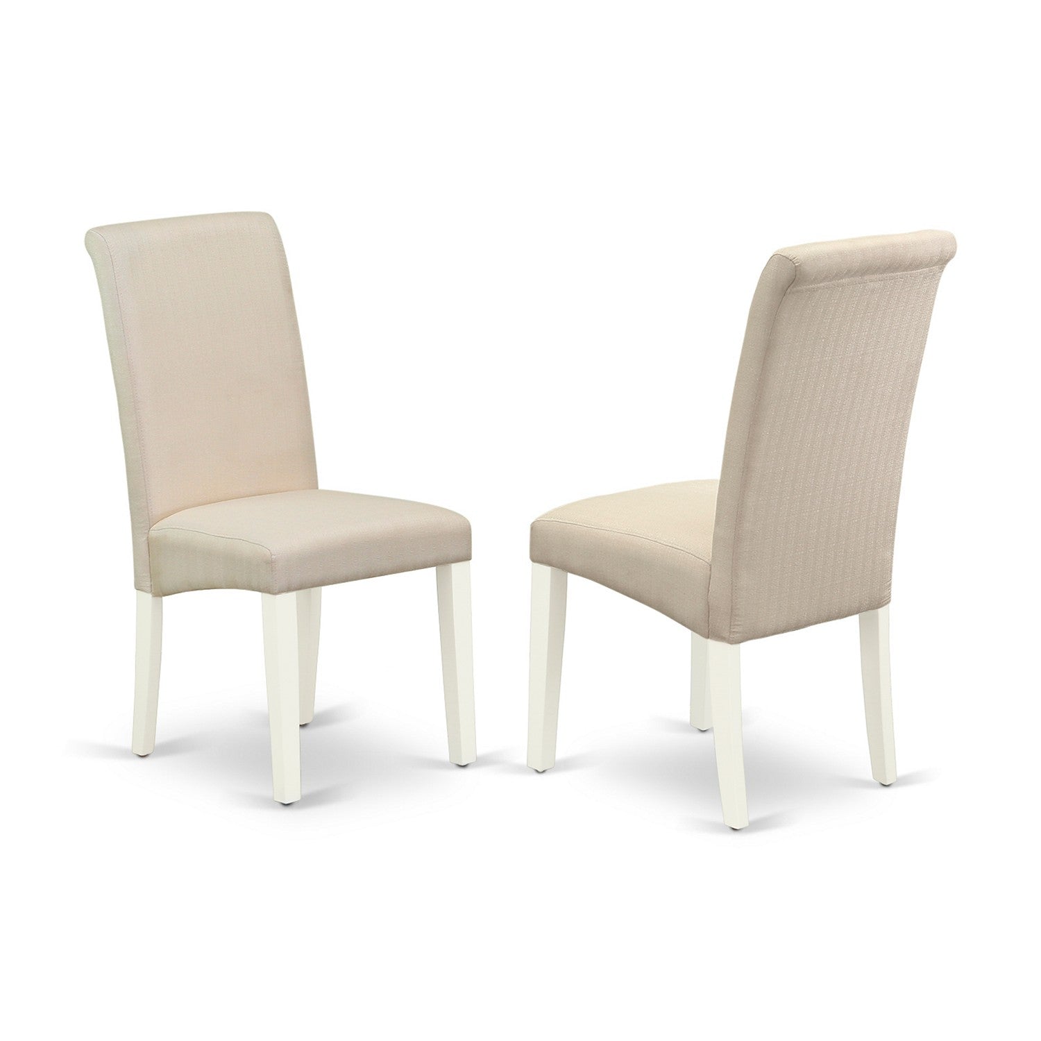 Juego de mesa de comedor de 3 piezas East West Furniture NOBA3-LWH-01. Incluye una mesa de comedor rectangular con diseño de hojas de mariposa y dos sillas Parsons de tela de lino color crema.