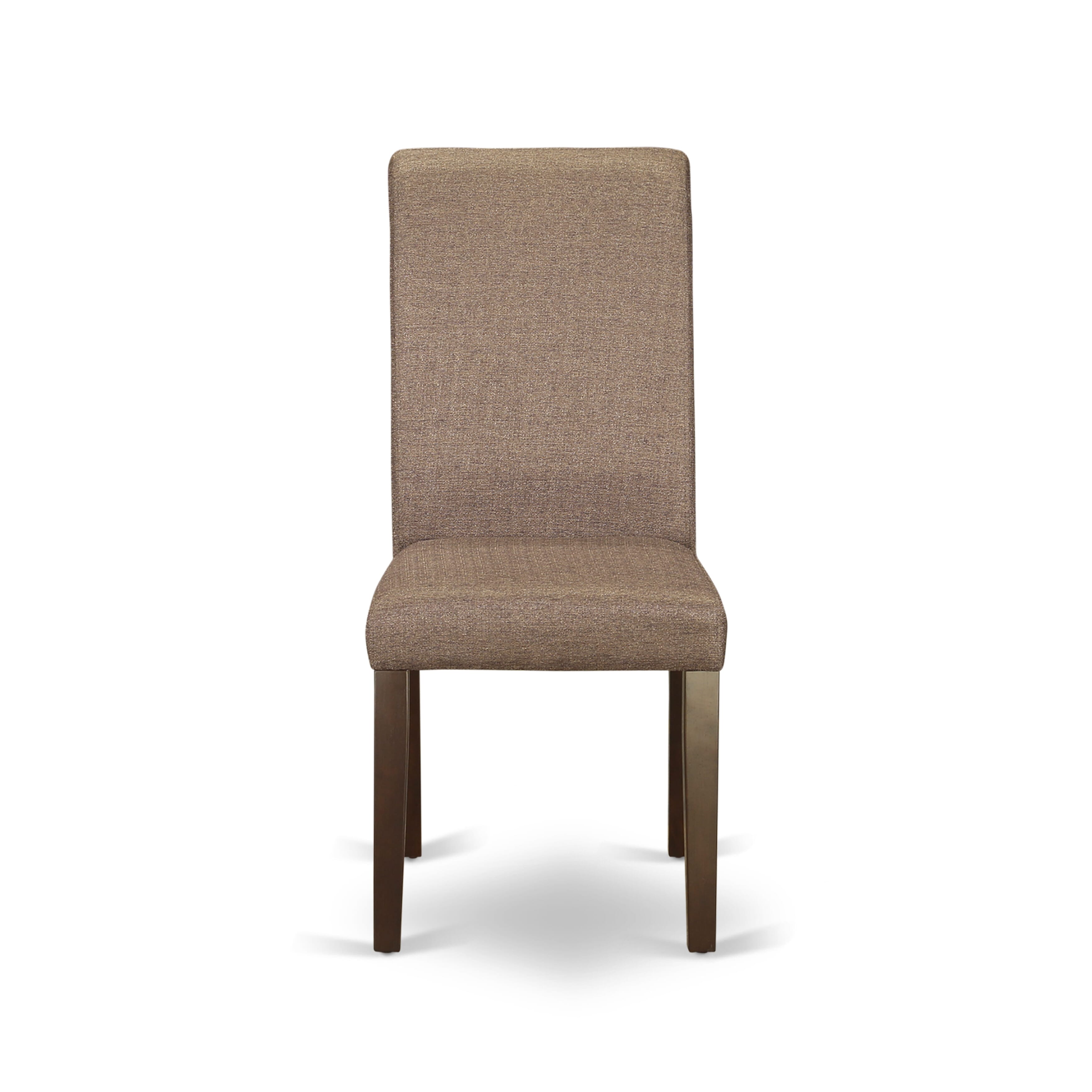Juego de cocina de 5 piezas East West Furniture NDBA5-MAH-18 para 4 personas. Incluye una mesa de comedor rectangular con alas abatibles y 4 sillas de comedor Parson de tela de lino marrón.