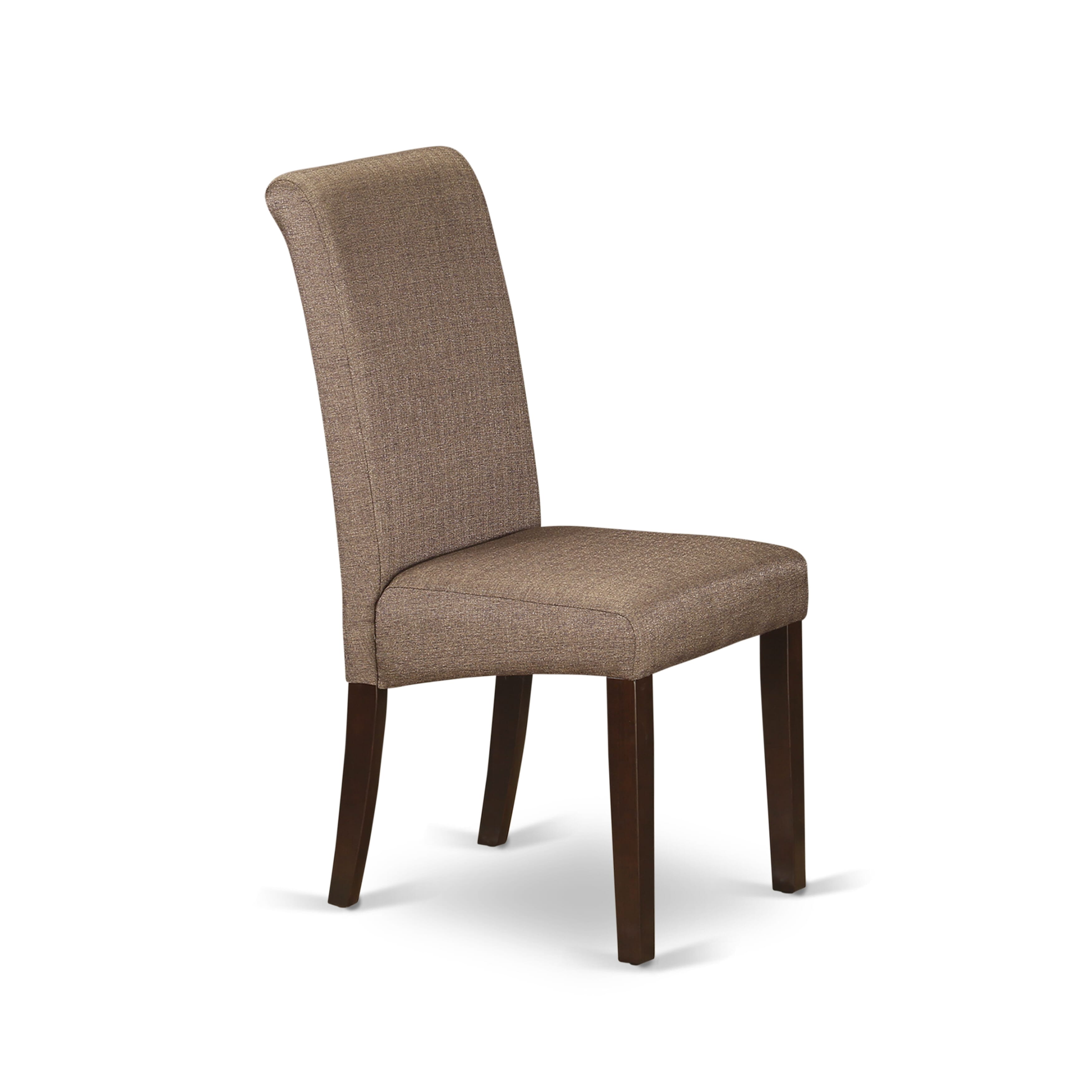 Juego de cocina de 5 piezas East West Furniture NDBA5-MAH-18 para 4 personas. Incluye una mesa de comedor rectangular con alas abatibles y 4 sillas de comedor Parson de tela de lino marrón.
