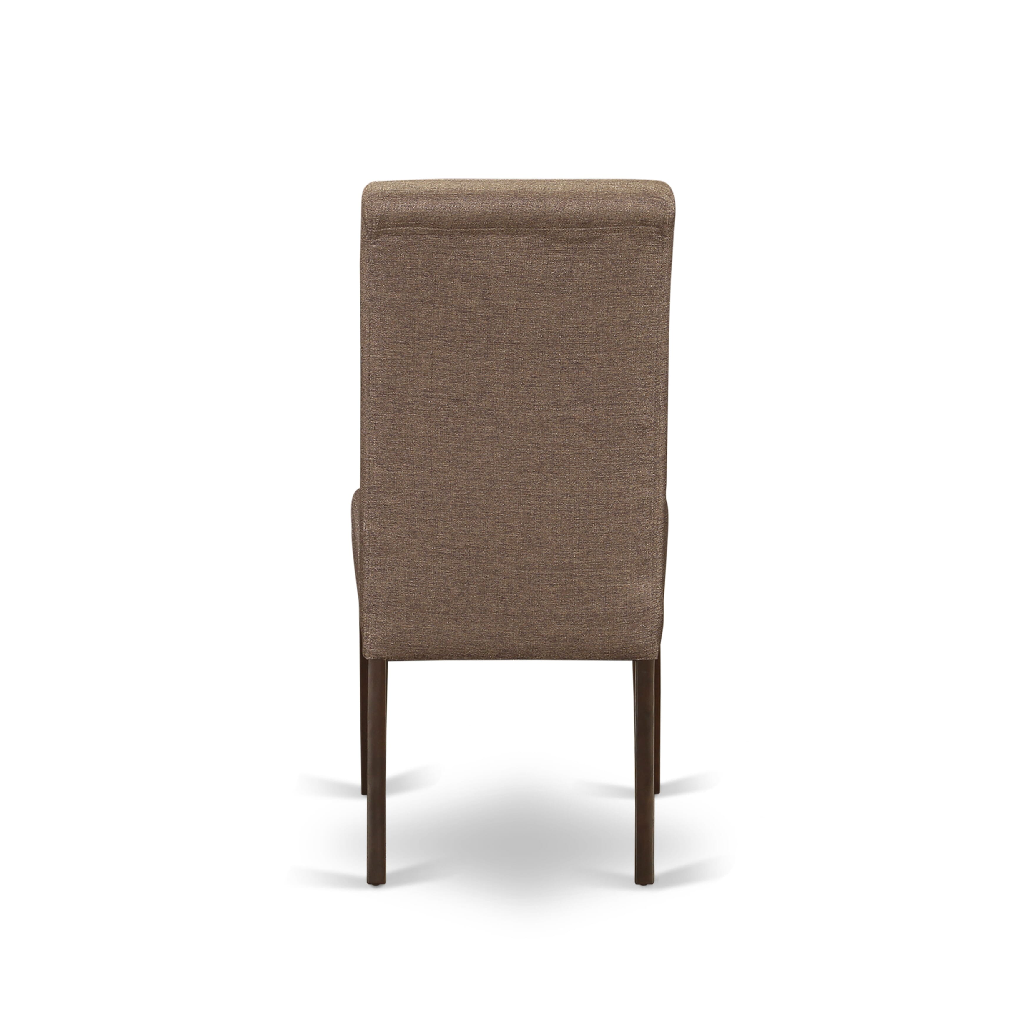Juego de cocina de 5 piezas East West Furniture NDBA5-MAH-18 para 4 personas. Incluye una mesa de comedor rectangular con alas abatibles y 4 sillas de comedor Parson de tela de lino marrón.