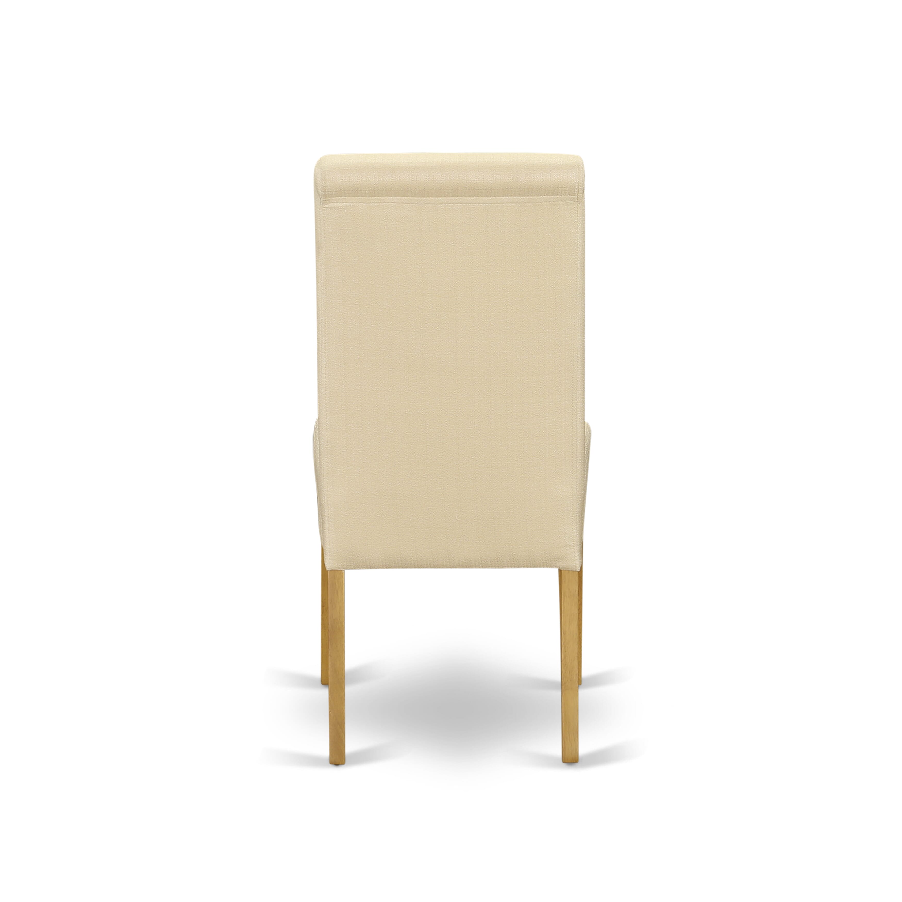 Juego de comedor de 5 piezas East West Furniture NDBA5-OAK-02. Incluye una mesa de comedor rectangular con alas abatibles y 4 sillas Parson tapizadas en tela de lino beige claro.